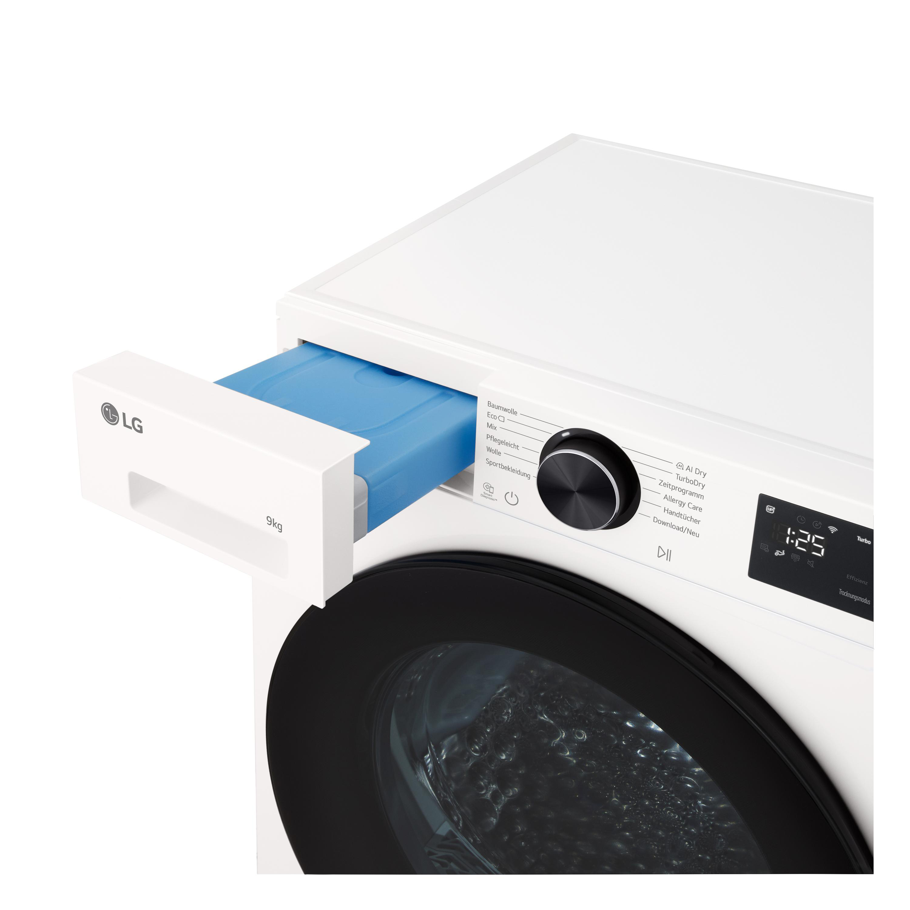 Weiße LG Waschmaschine mit blauem Waschmittelbehälter und Display mit 1:25.