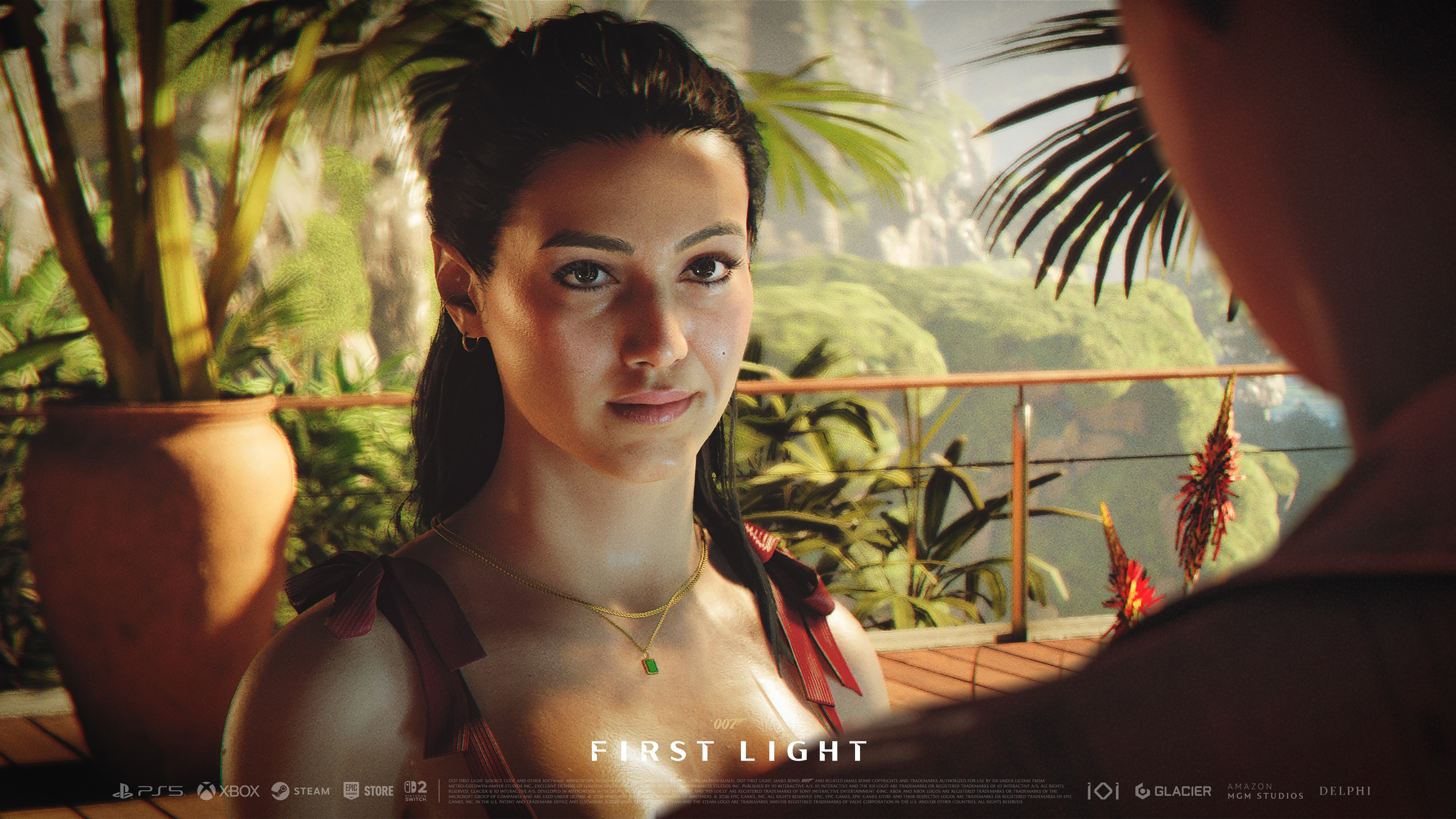 Kobieta z ciemnymi włosami i czerwoną sukienką, tropikalne rośliny i góry w tle.