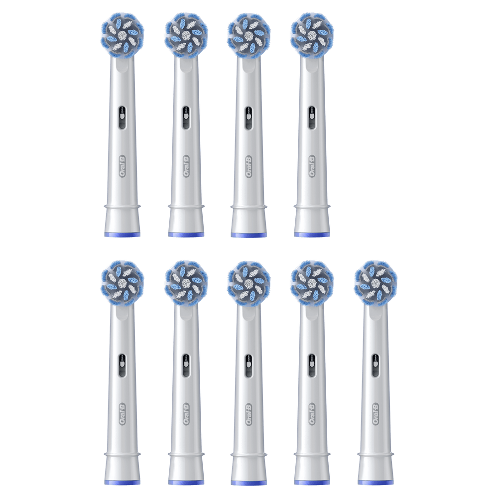 Diez cabezales blancos Oral-B con cerdas azules, sobre fondo verde.