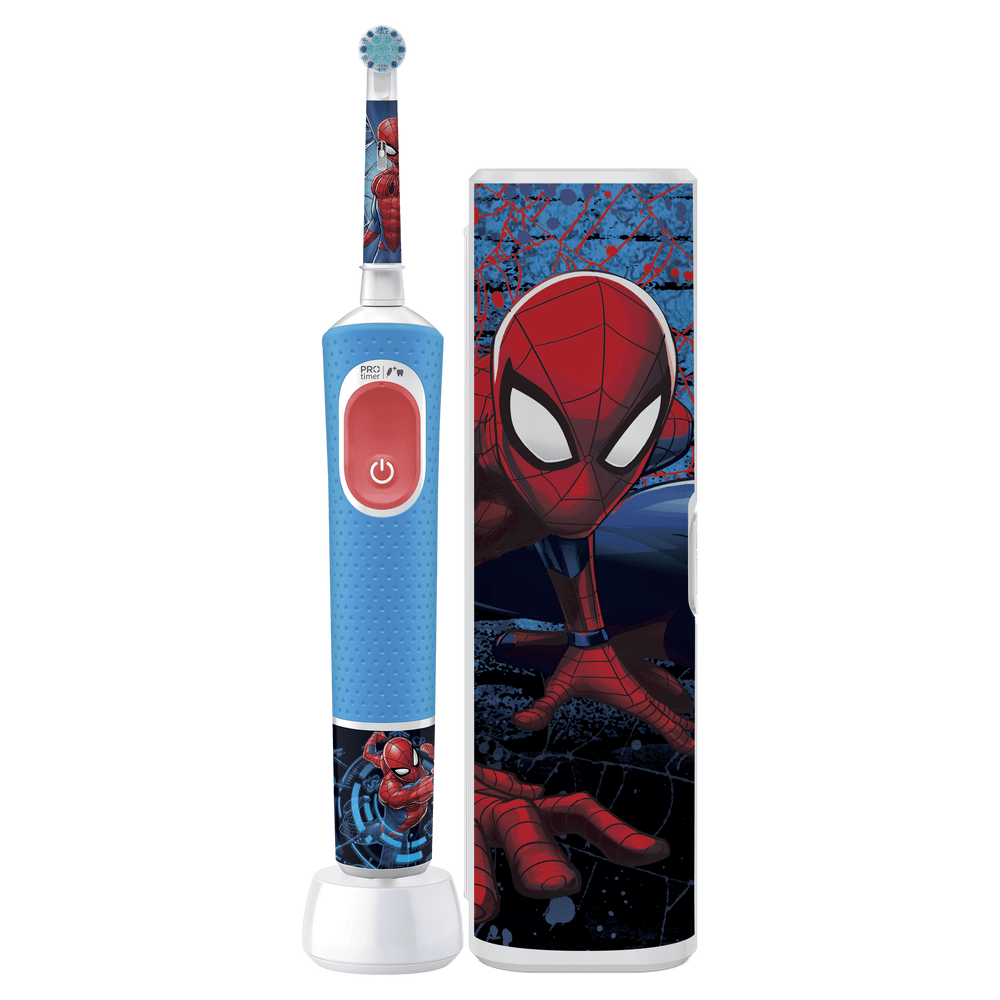 Cepillo de dientes eléctrico azul con diseño de Spiderman y base.