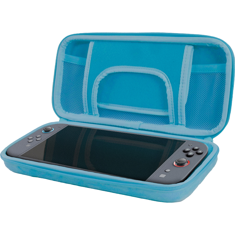 Ein hellblaues Etui mit einem grauen Nintendo Switch darin.
