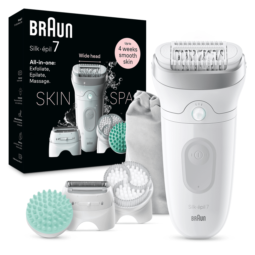 Depiladora Braun Silk-épil 7 con accesorios, incluyendo cabezales y bolsa.