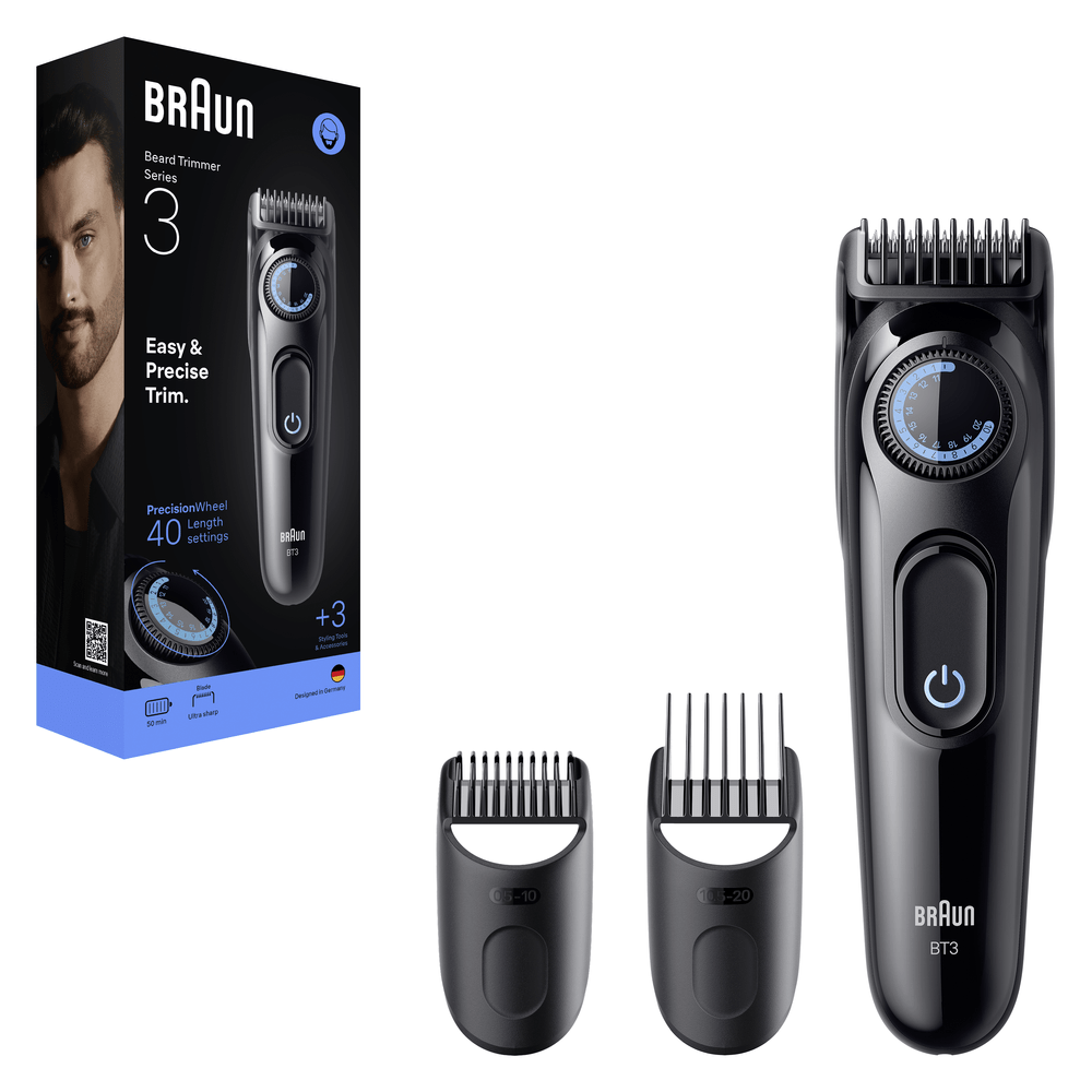 Braun Barba Trimmer Serie 3 con accesorios y caja. Negro y azul.