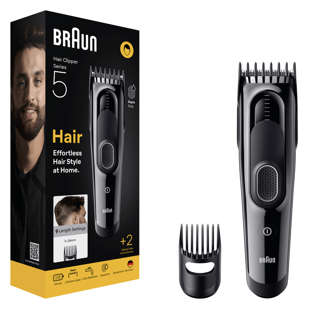 Embalaje de cortapelos Braun Serie 5 con hombre, recortador y accesorios.