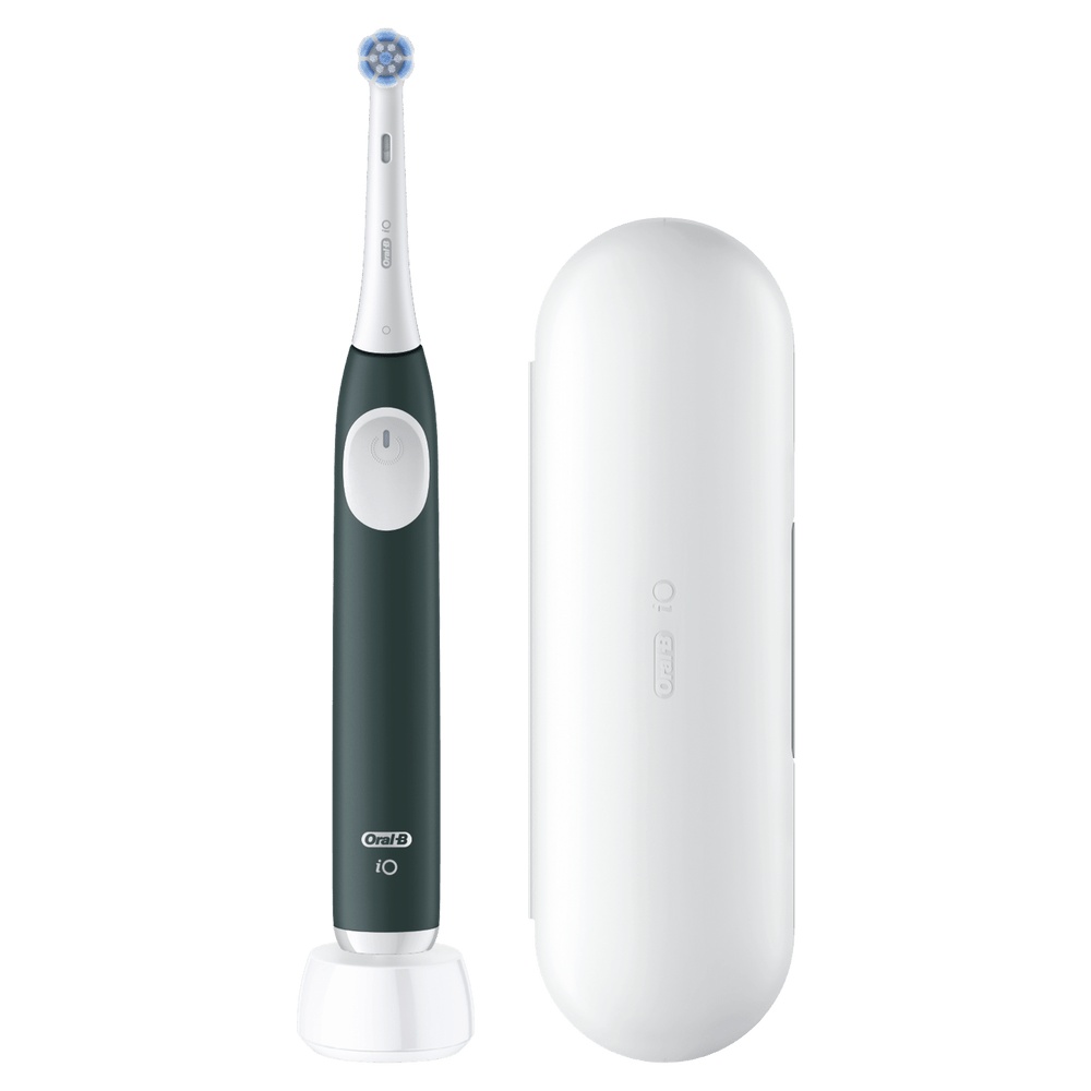 Cepillo de dientes eléctrico gris oscuro con base de carga blanca y estuche.