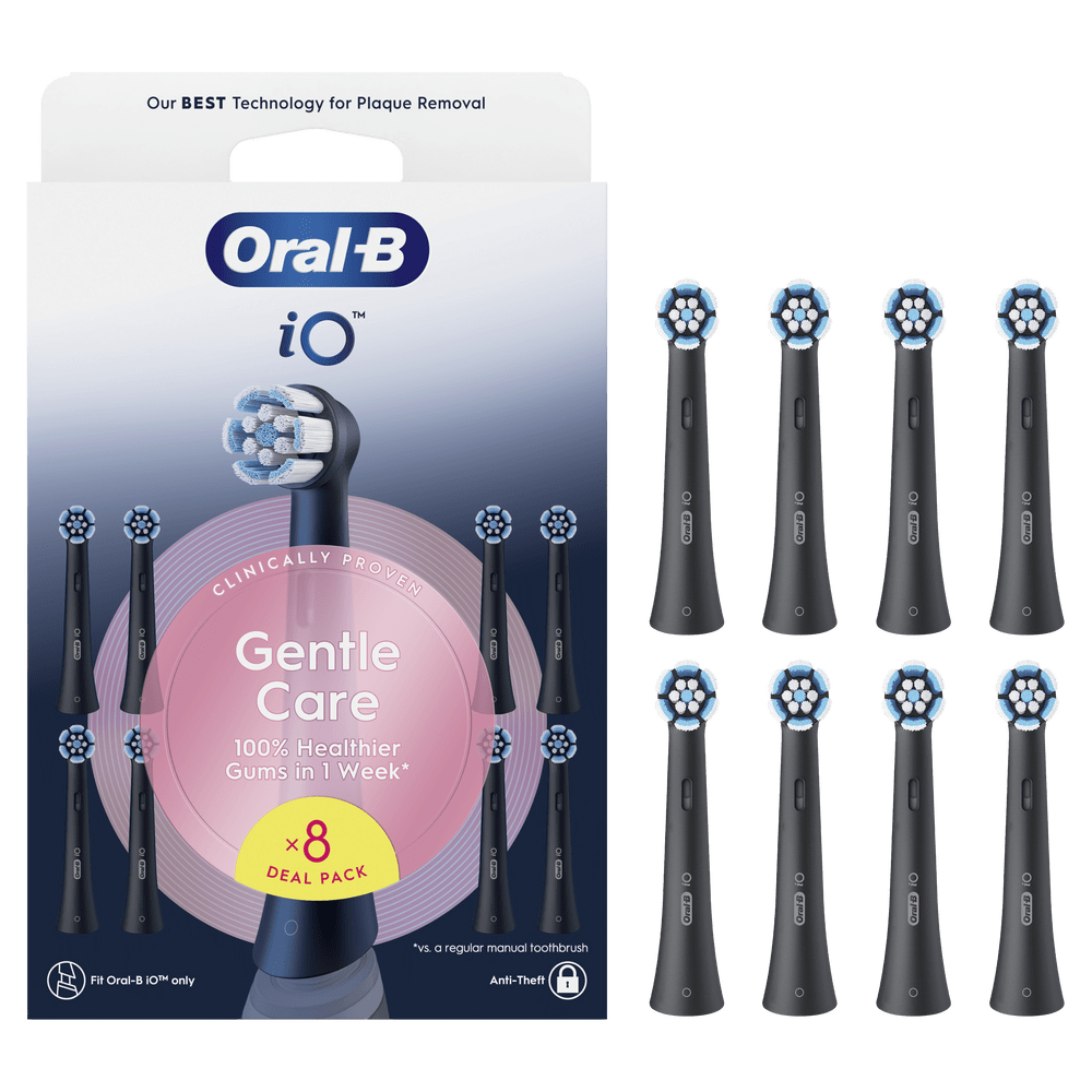 Cabezales de cepillo Oral-B iO Gentle Care, paquete de 8. Con cerdas azules y blancas.