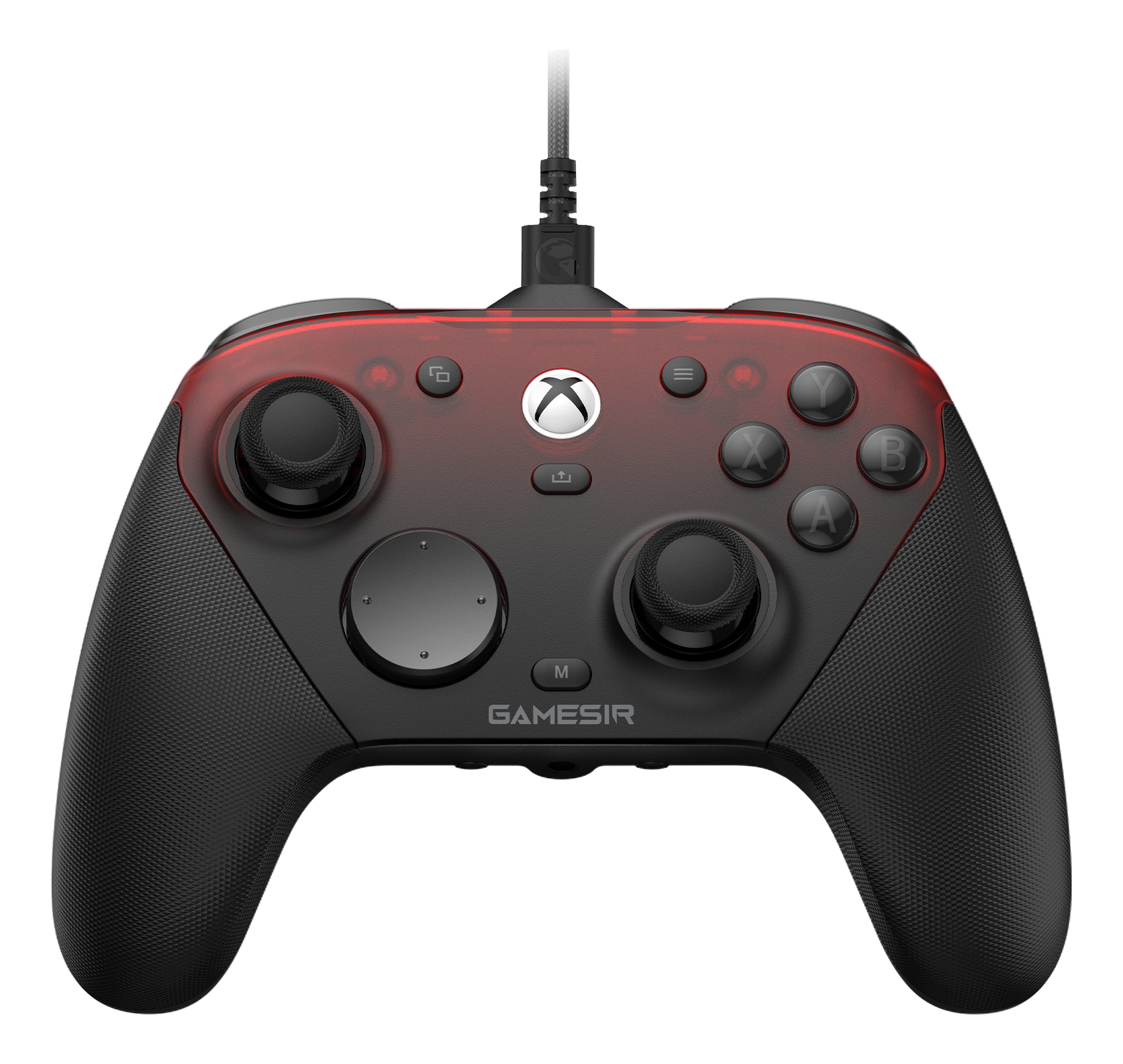 Une manette Xbox noire avec des accents rouges et un câble.