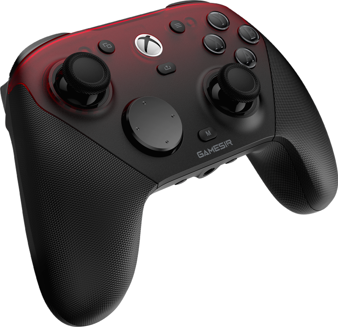 Manette de jeu noire avec accents rouges et logo Xbox argenté.