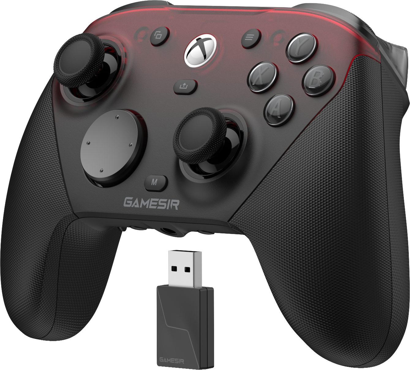 Manette Xbox noire avec accents rouges et un dongle USB.