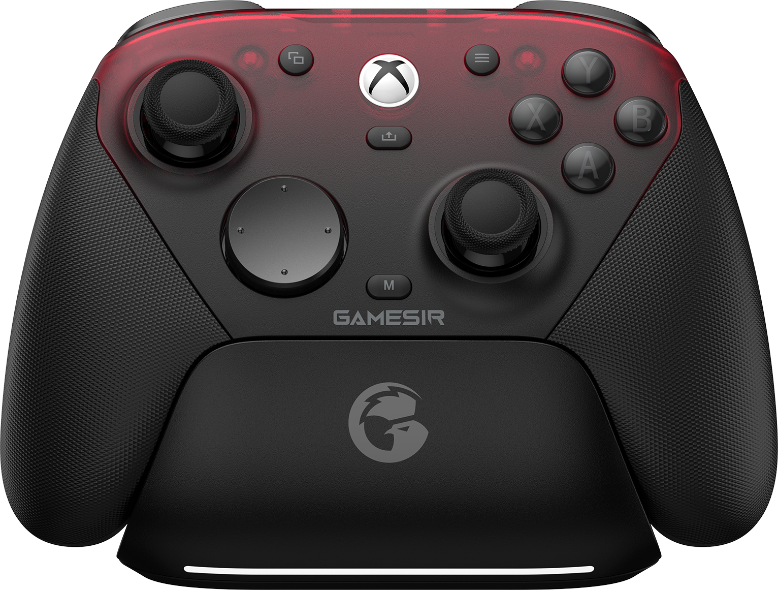 Une manette de jeu noire avec des accents rouges et un logo sur sa station de charge.
