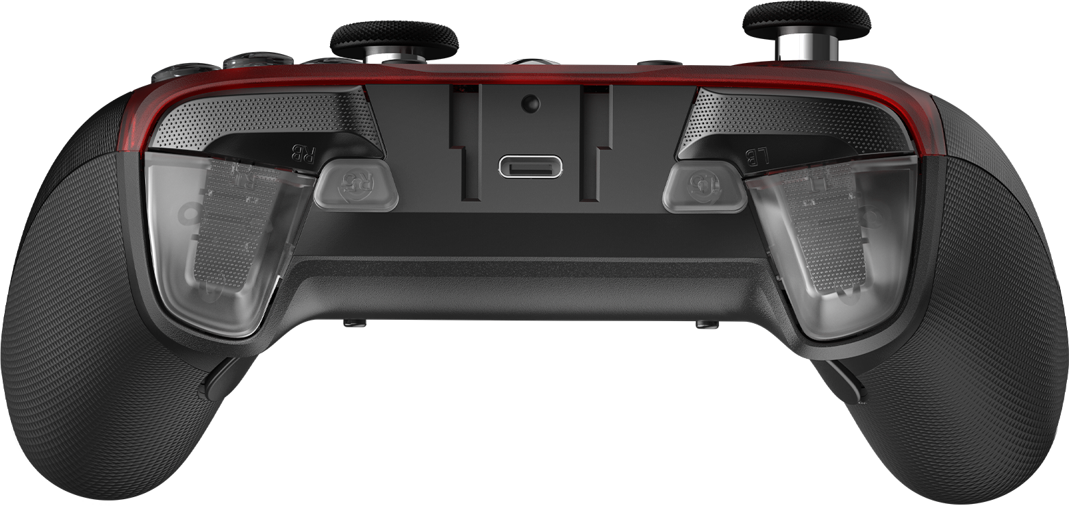 Une manette noire avec des accents rouges et un port USB-C.