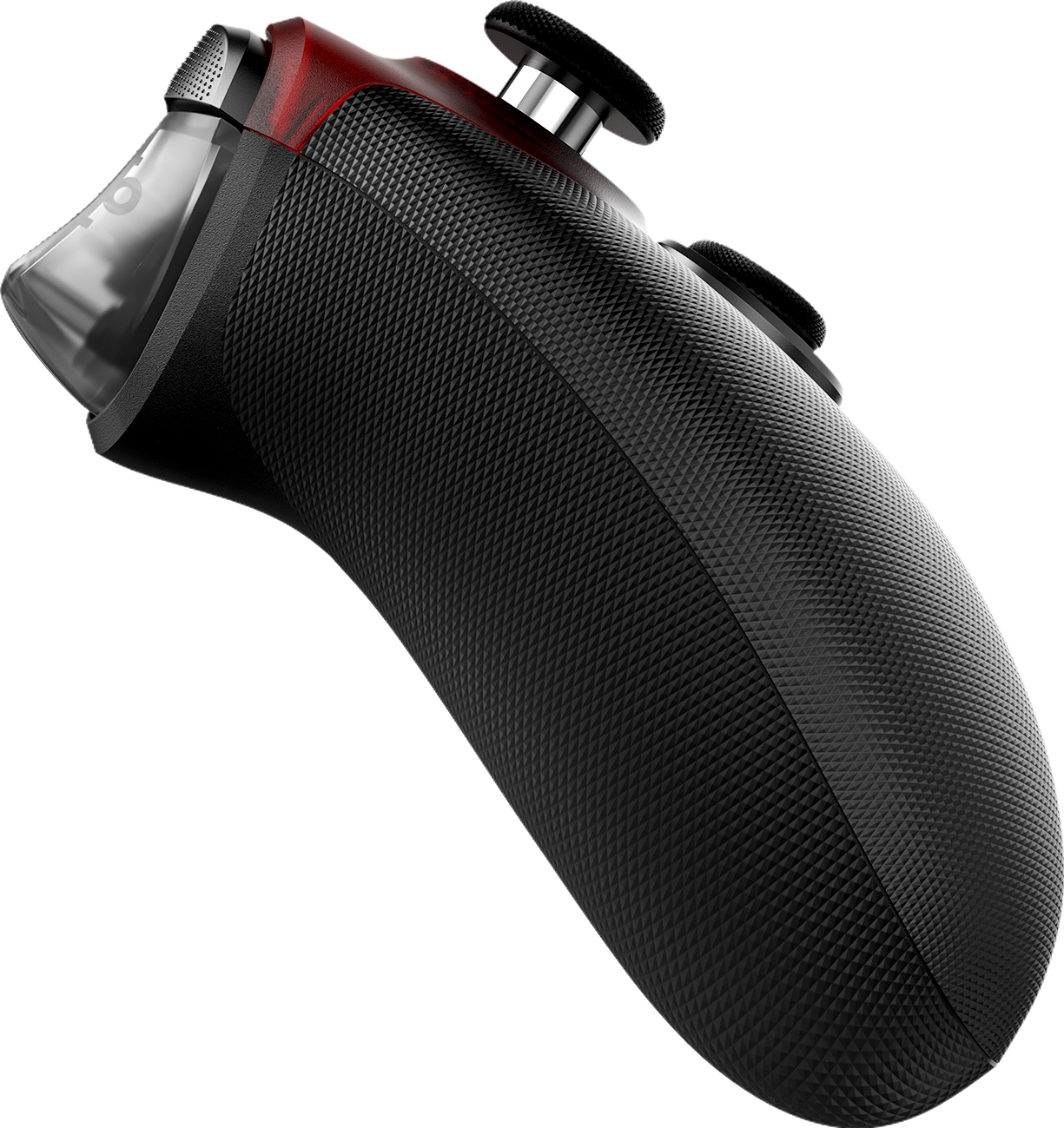 Manette noire avec accents rouges et poignées texturées sur fond noir.