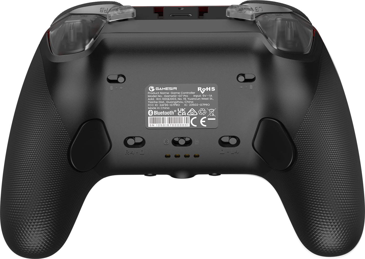 Dos d'une manette de jeu noire avec étiquettes et boutons.