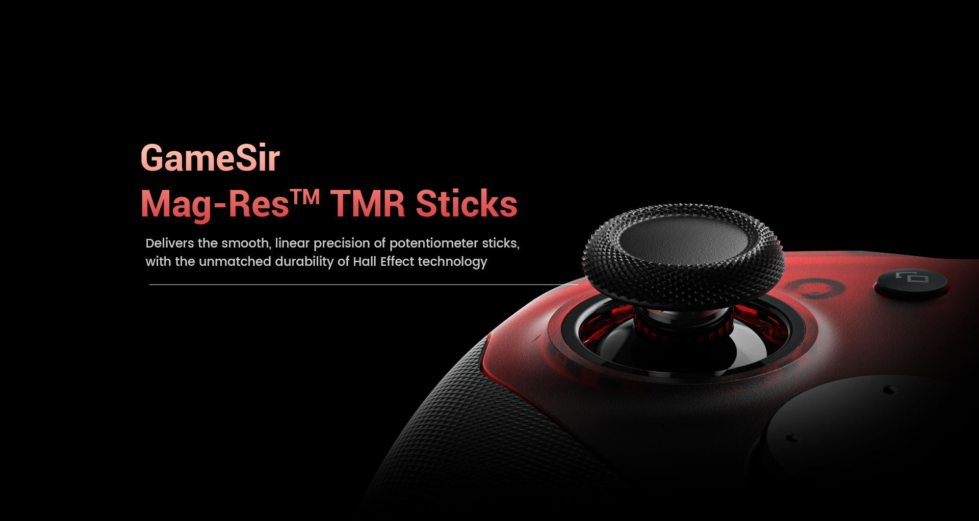 Un stick de manette GameSir rouge avec grip texturé sur fond noir.