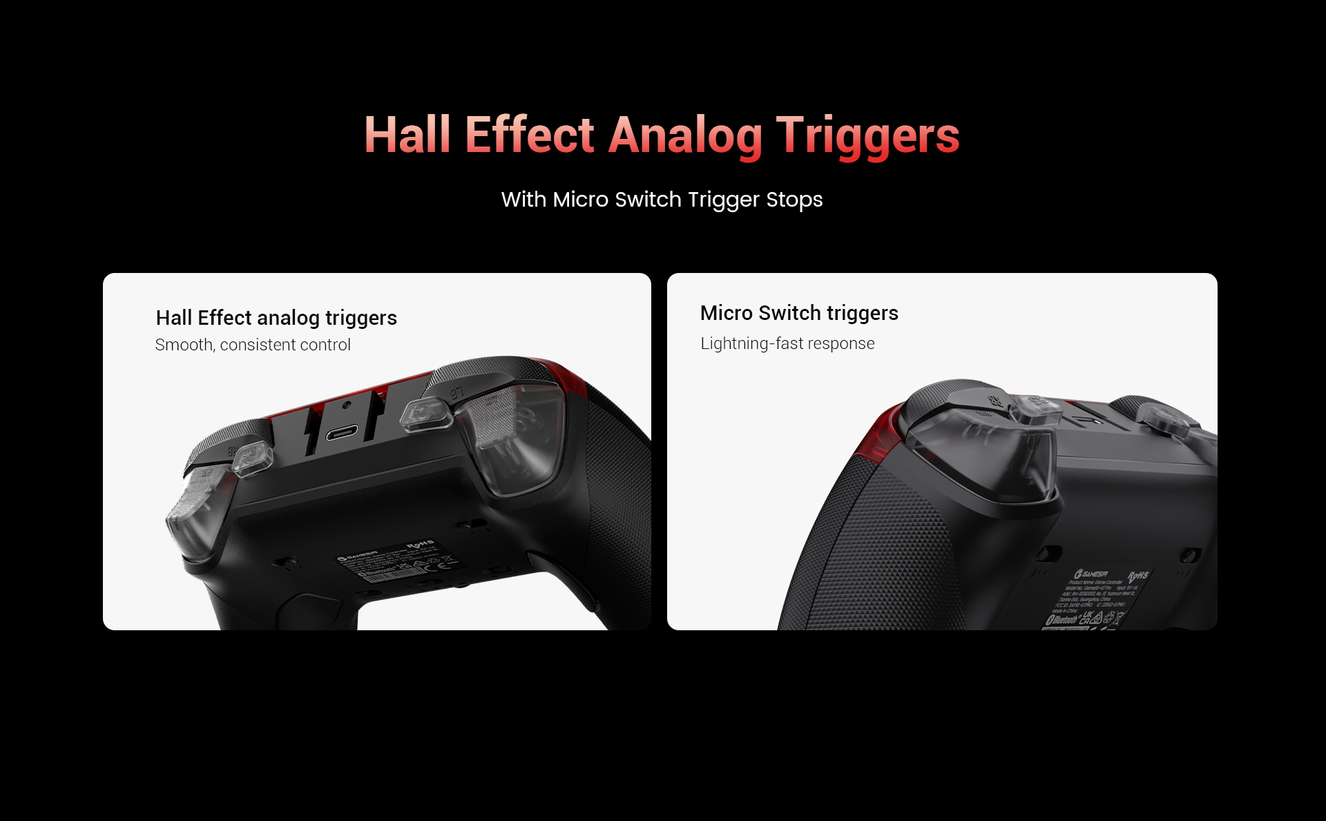 Gros plan du dessous d'une manette noire avec des accents rouges, montrant les gâchettes.