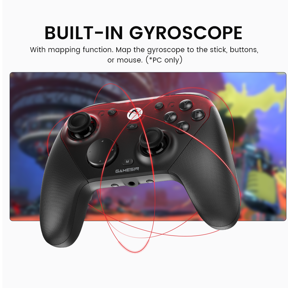 Manette de jeu noire avec accents rouges et lignes rouges l'entourant.