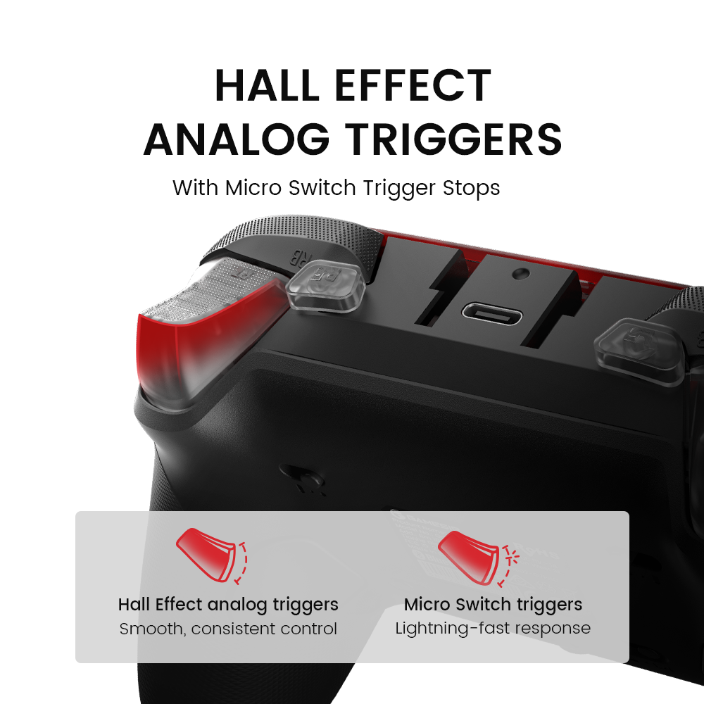 Gros plan d'une manette noire avec des accents rouges et du texte.