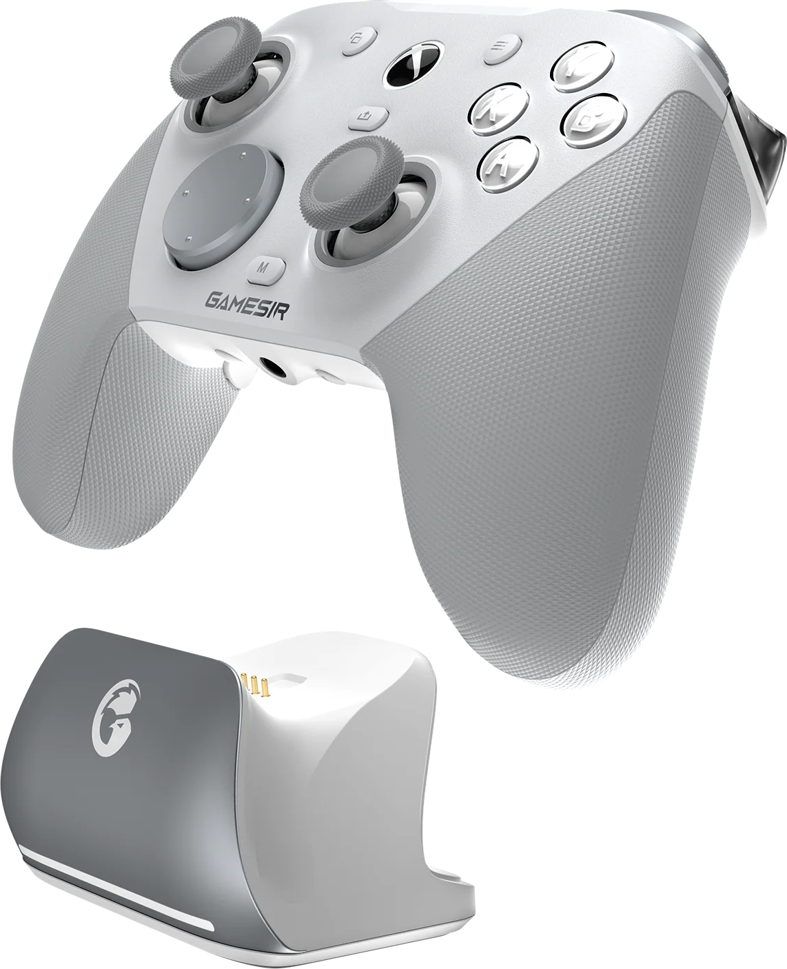 Un controller GameSir bianco con base di ricarica su sfondo nero.