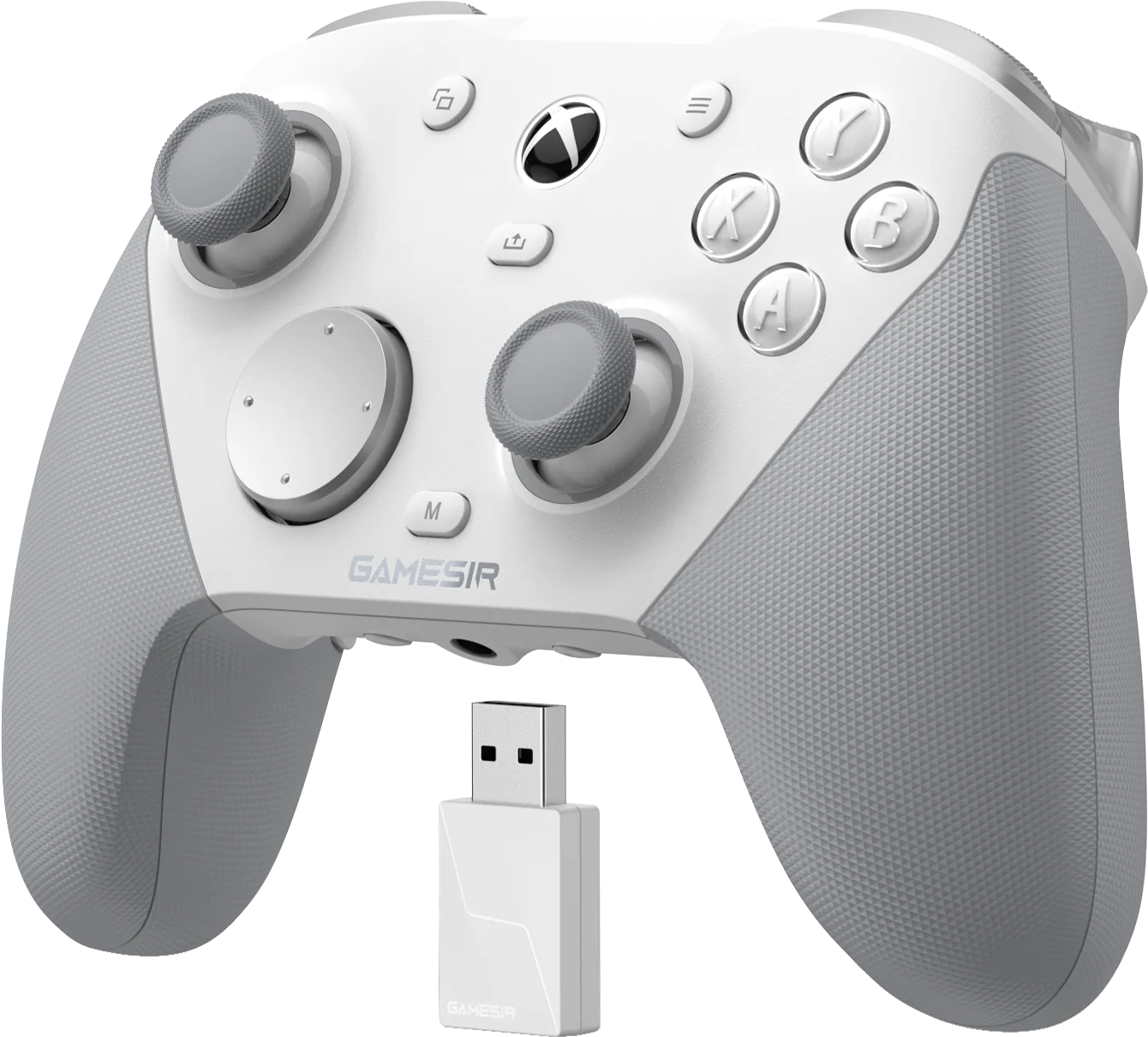 Un controller di gioco bianco e grigio con dongle USB.