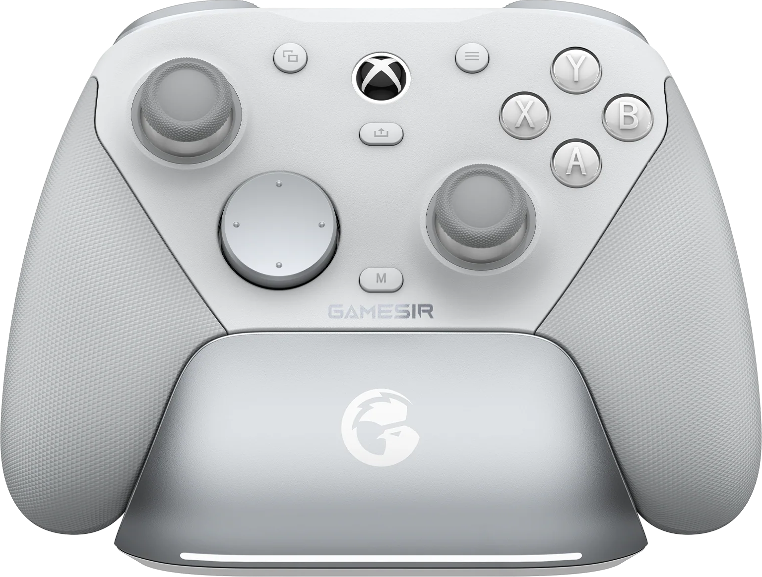 Controller da gioco bianco con accenti argentati, pulsanti e joystick.