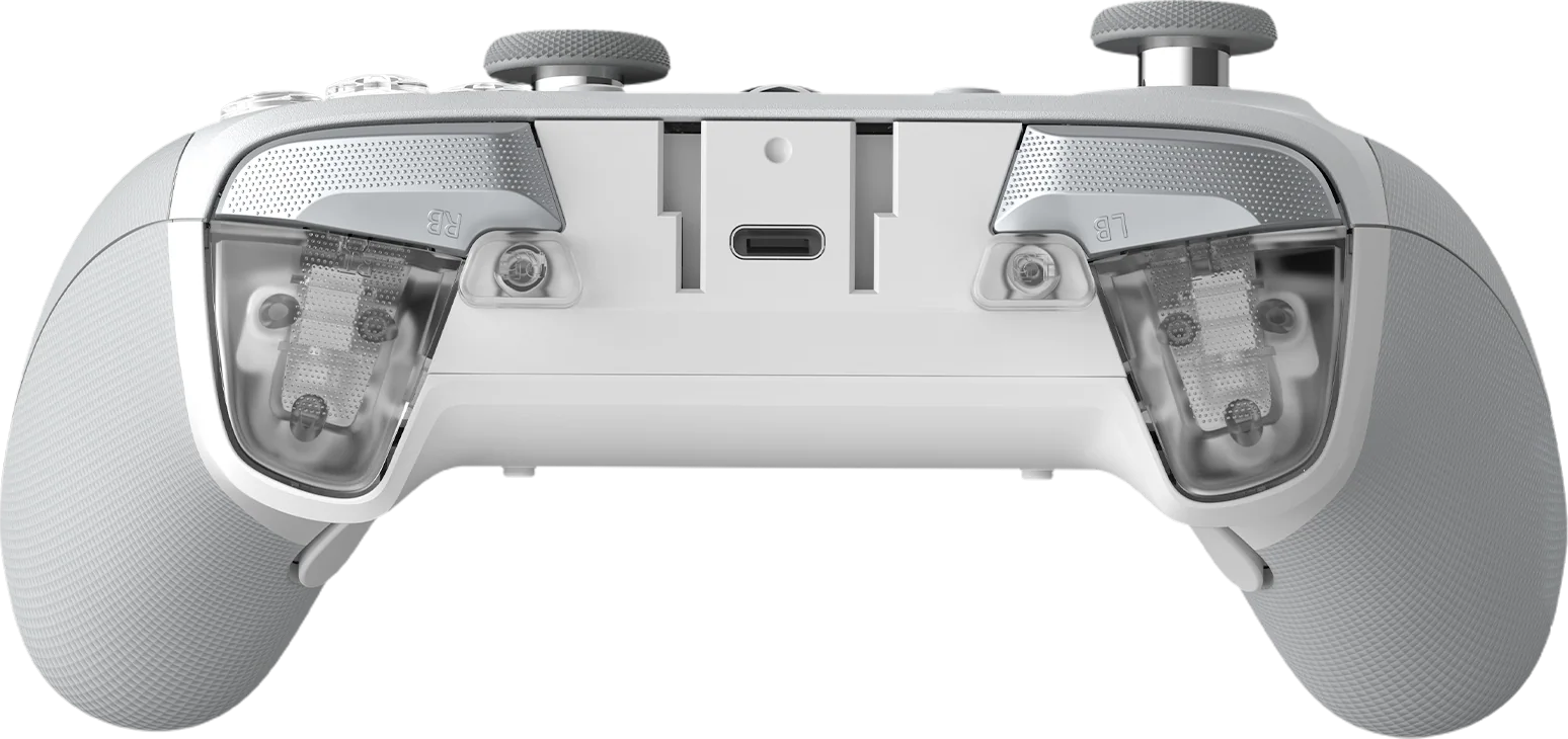 Retro controller bianco con accenti trasparenti e porta USB-C.