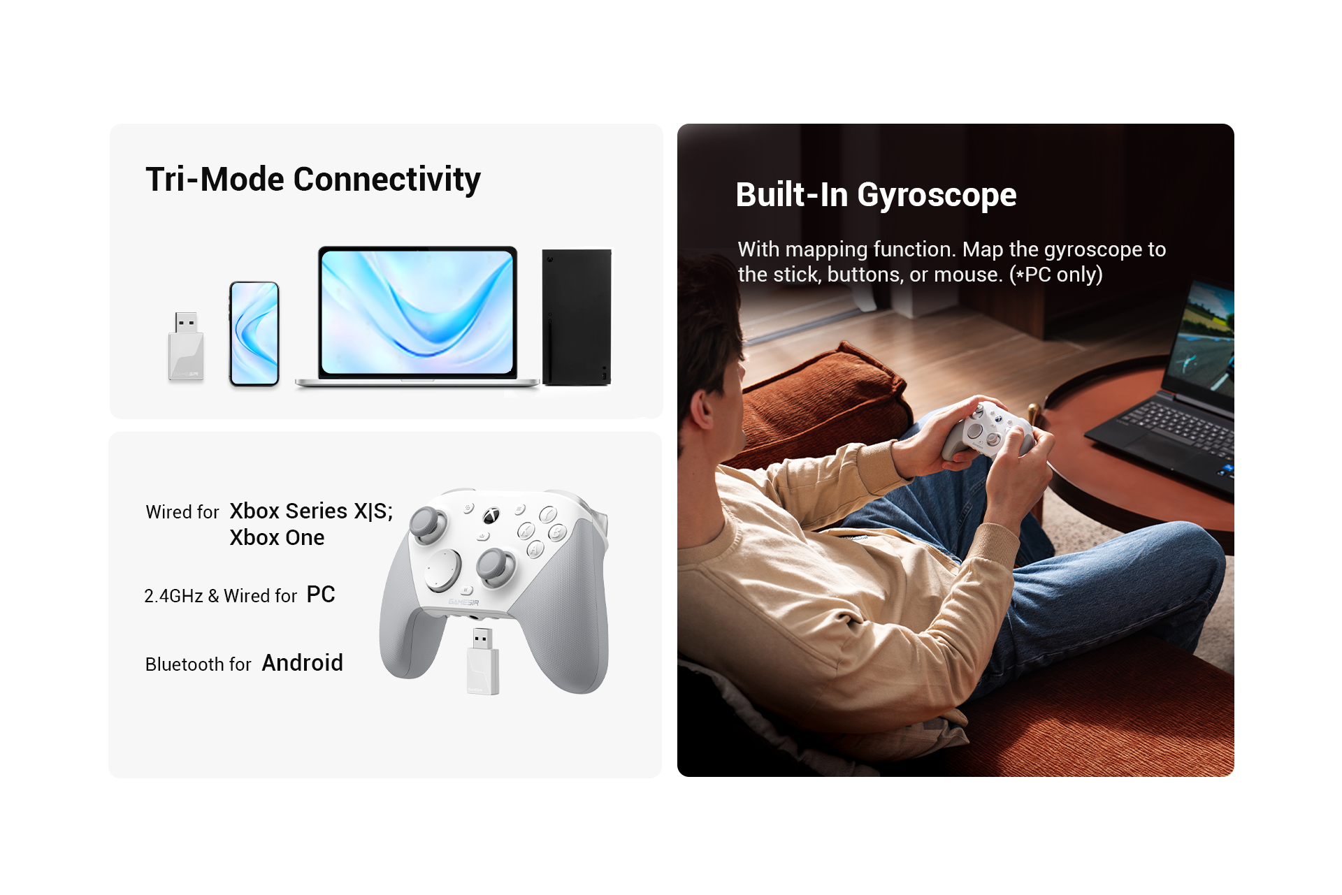 Un uomo gioca con un controller bianco su un divano, con un laptop nelle vicinanze.