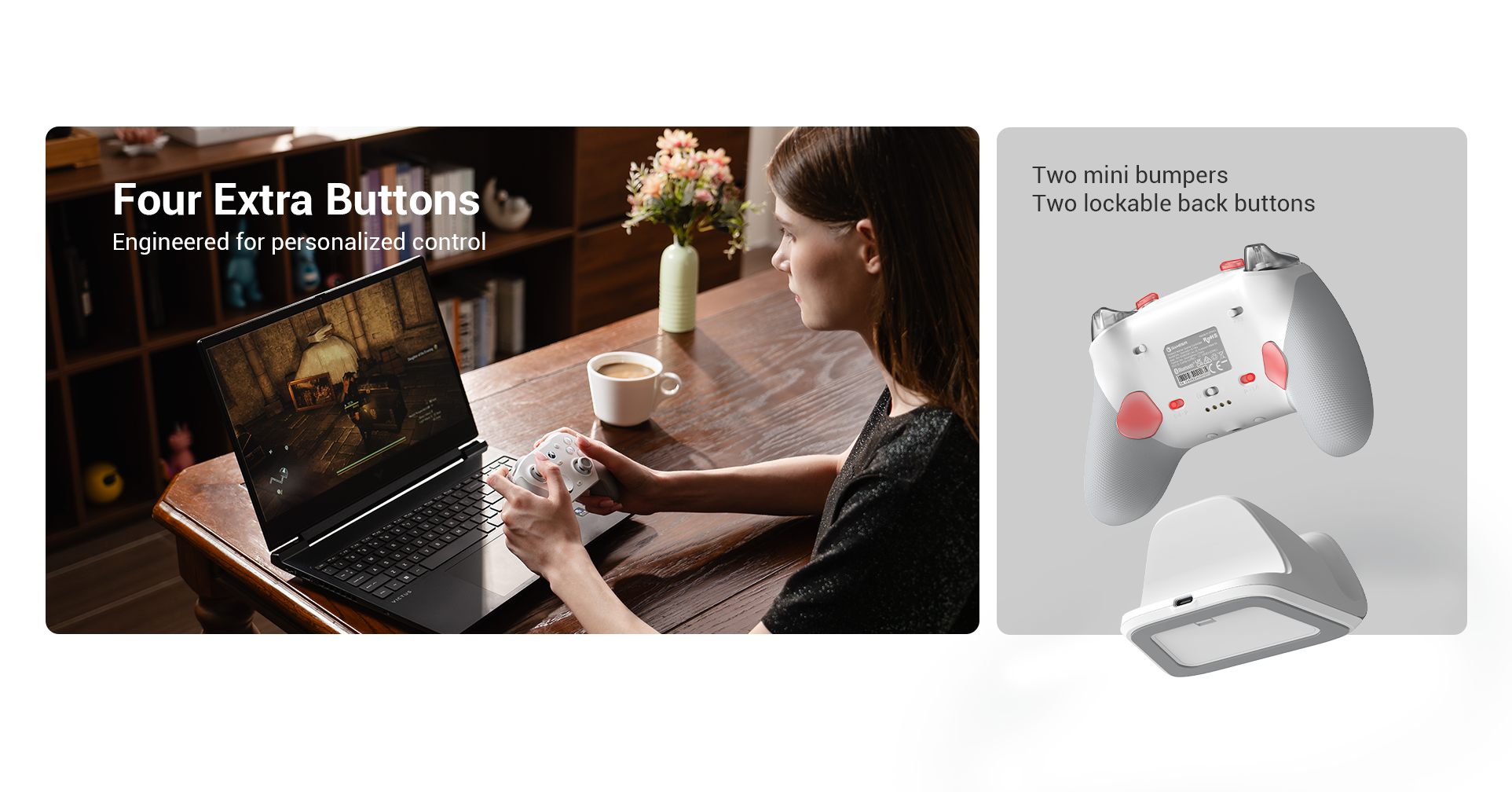 Una donna gioca con un controller davanti a un laptop, con un controller e dock accanto.