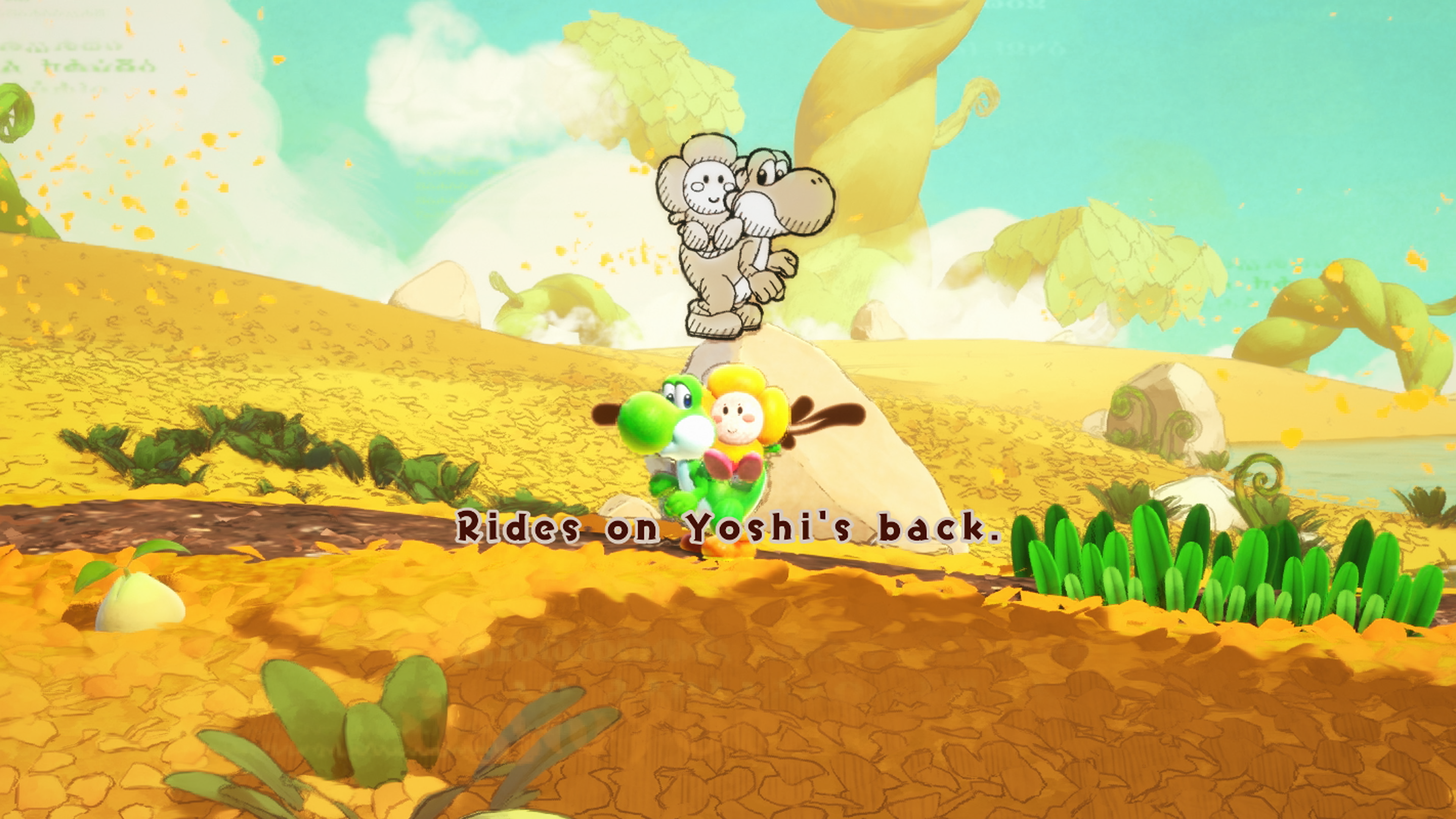 Un Yoshi vert porte un personnage fleuri sur son dos dans un paysage jaune.