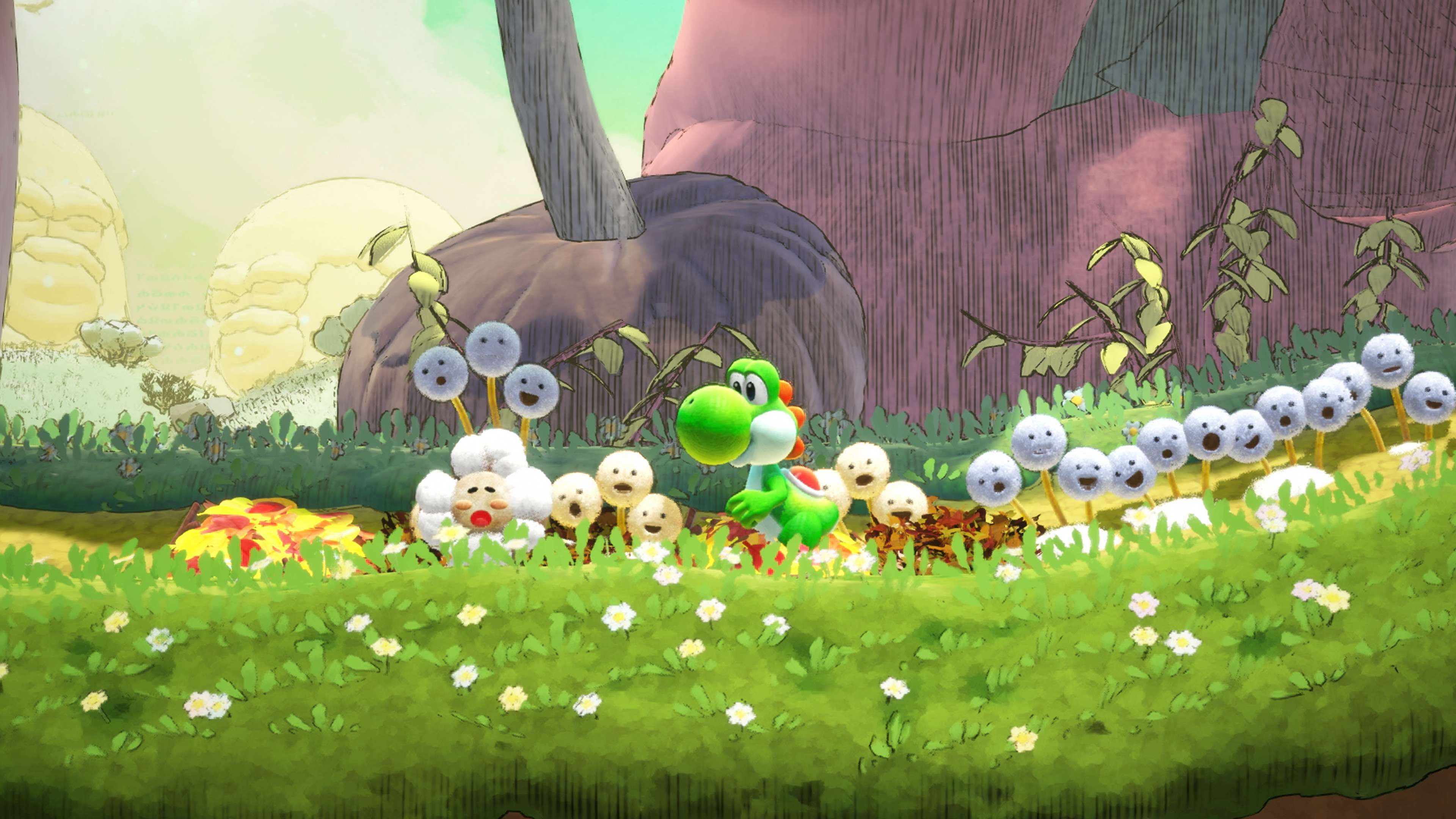 Yoshi se tient dans une prairie verte avec des fleurs à côté de nombreuses petites créatures.