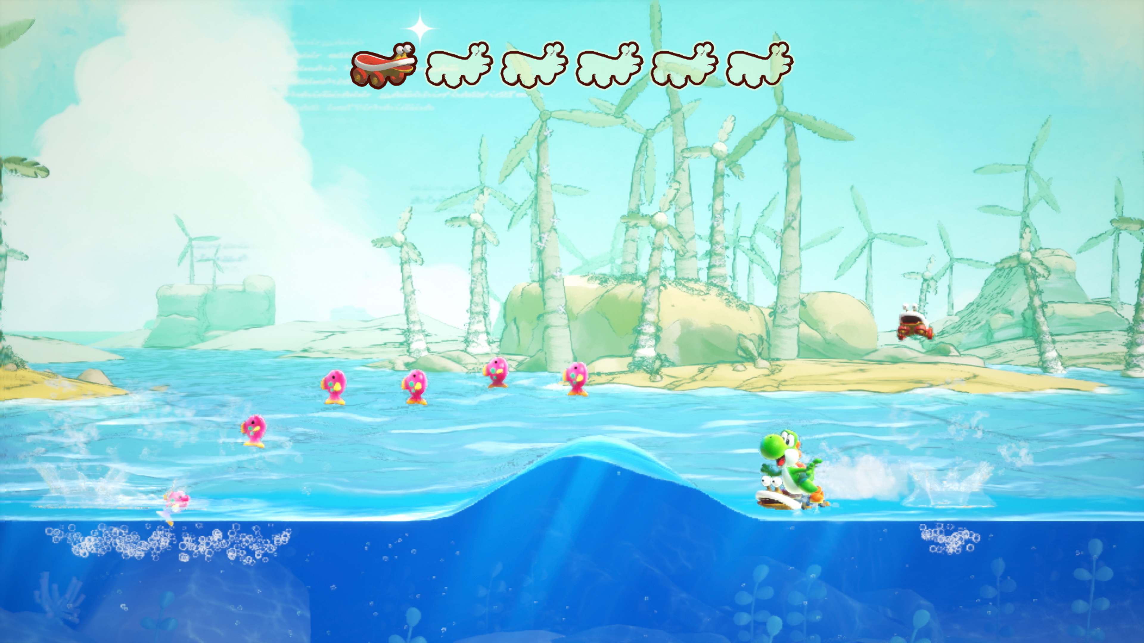 Yoshi surfe une vague; des poissons roses nagent dans l'eau avec des éoliennes au fond.