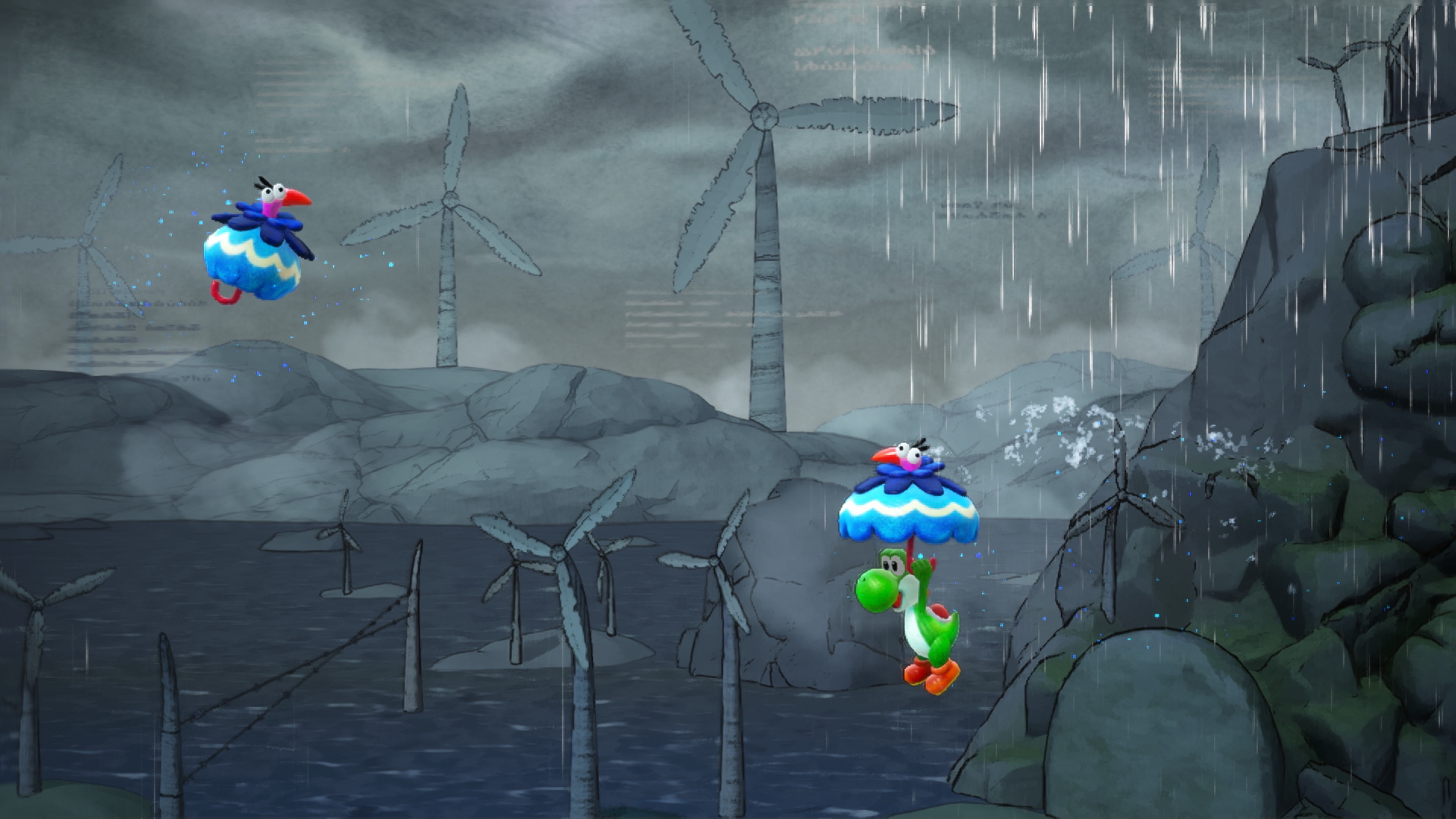 Yoshi flotte sous un parapluie pendant qu'un oiseau vole. Éoliennes dans l'eau.