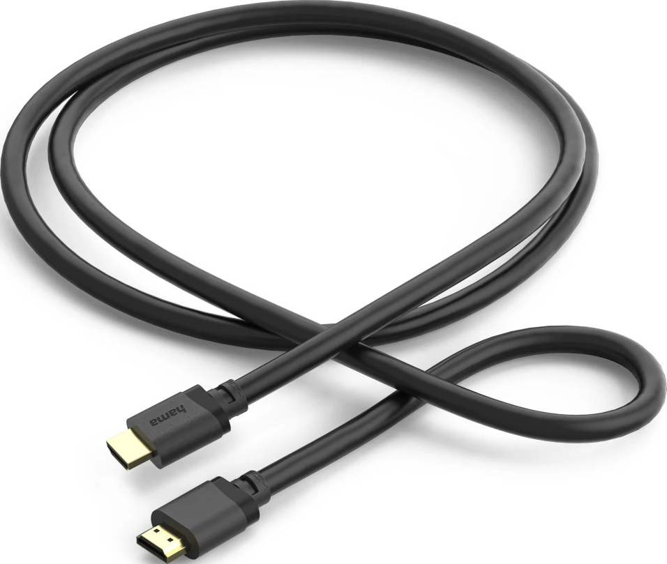 Câble HDMI noir avec connecteurs plaqués or et logo Hama.