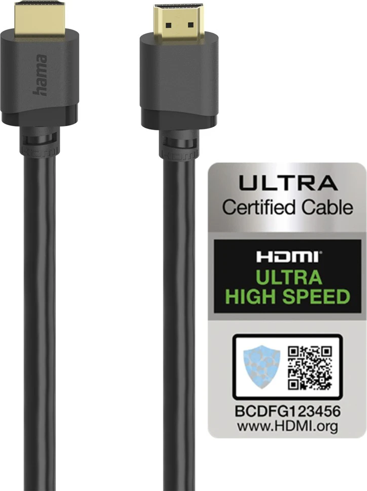 Deux câbles HDMI noirs avec connecteurs dorés et un autocollant de certification HDMI.