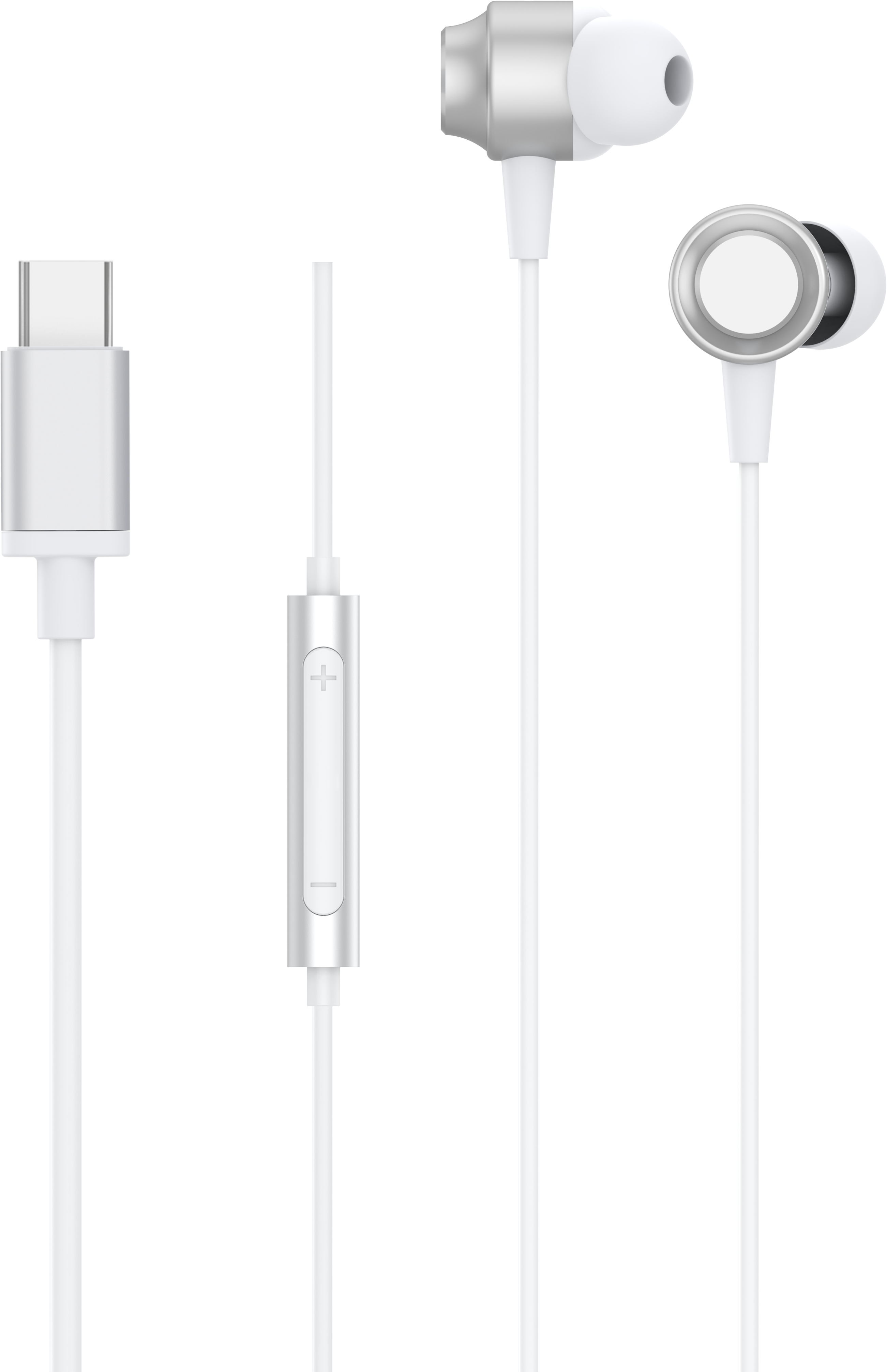 Écouteurs blancs avec connecteur USB-C, télécommande et embouts.