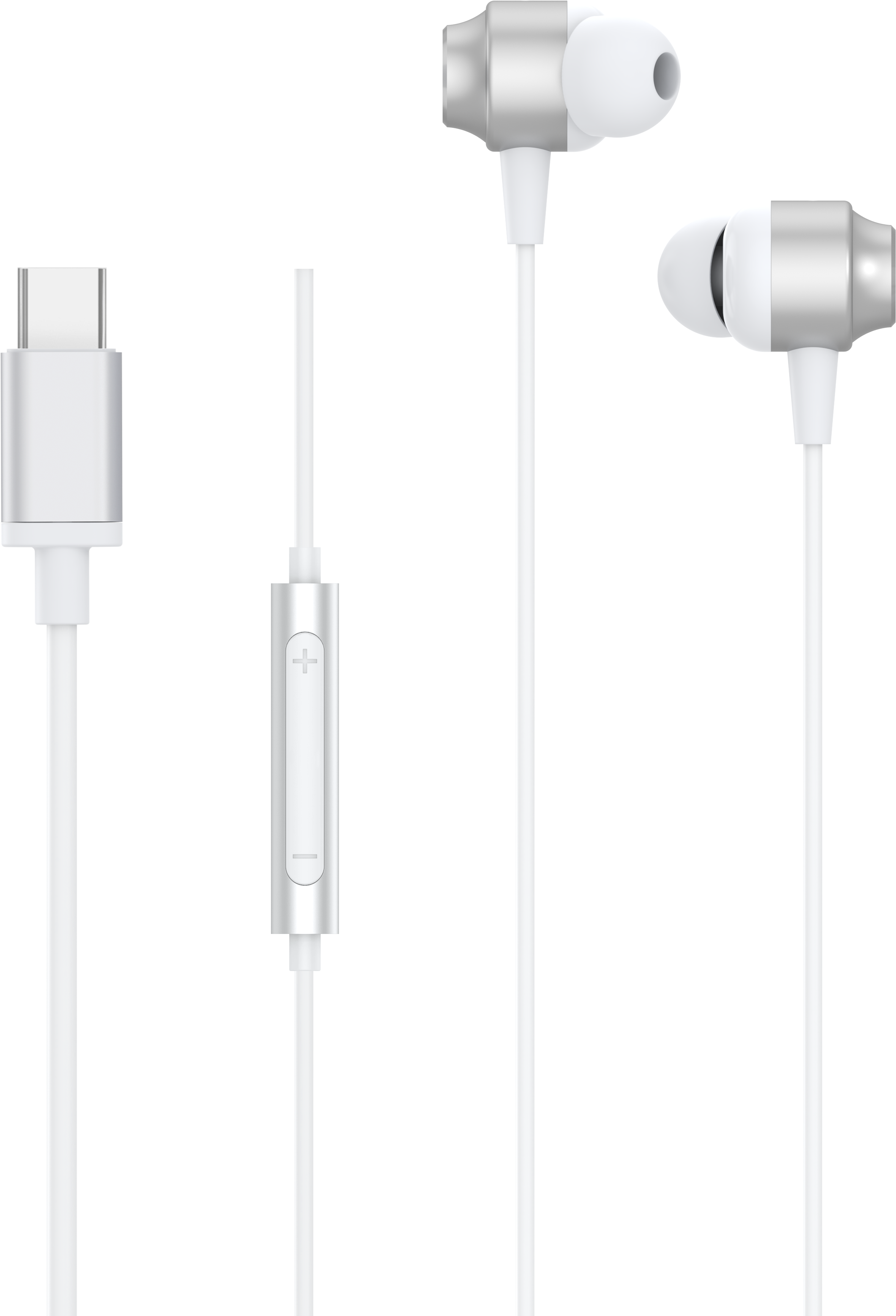 Écouteurs blancs avec connecteur USB-C et contrôle du volume en ligne.