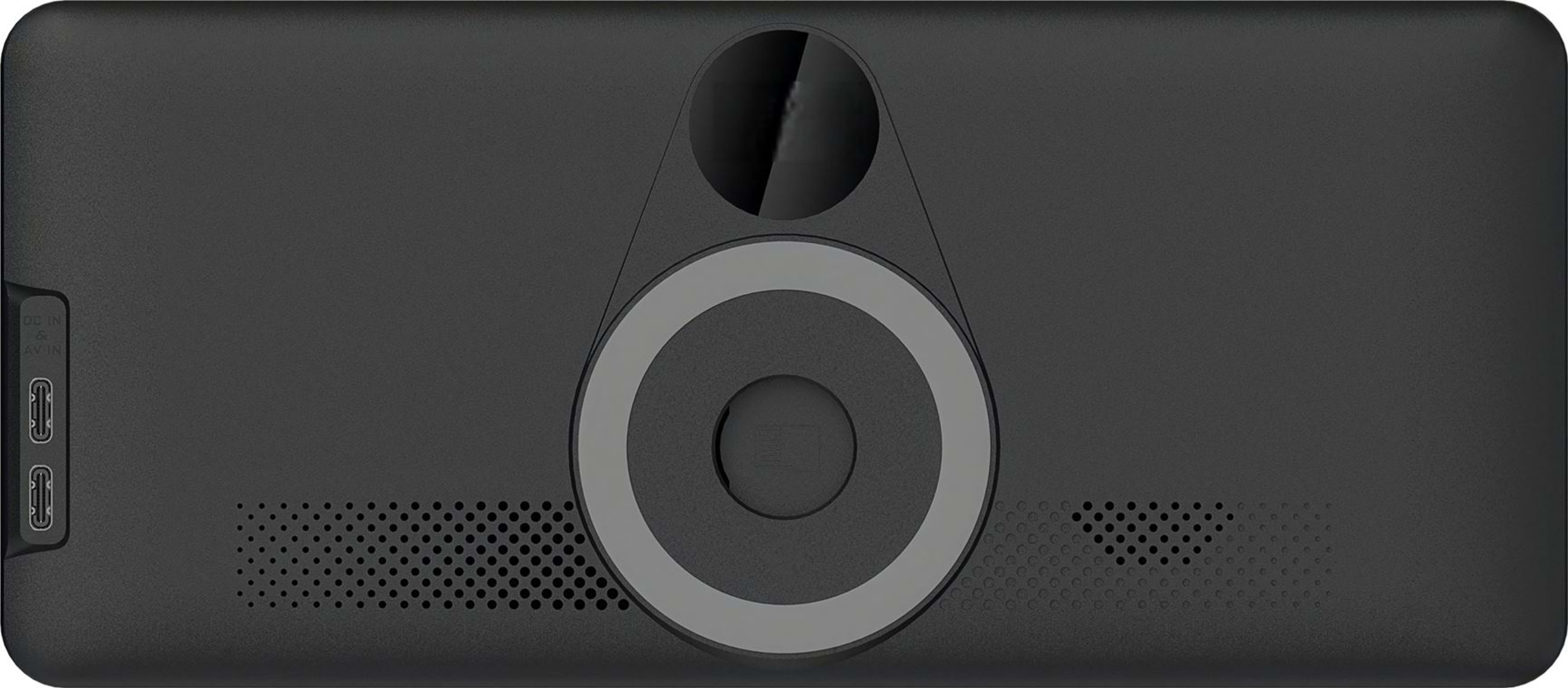 Arrière d'un appareil noir avec deux ports USB-C et un anneau magnétique.
