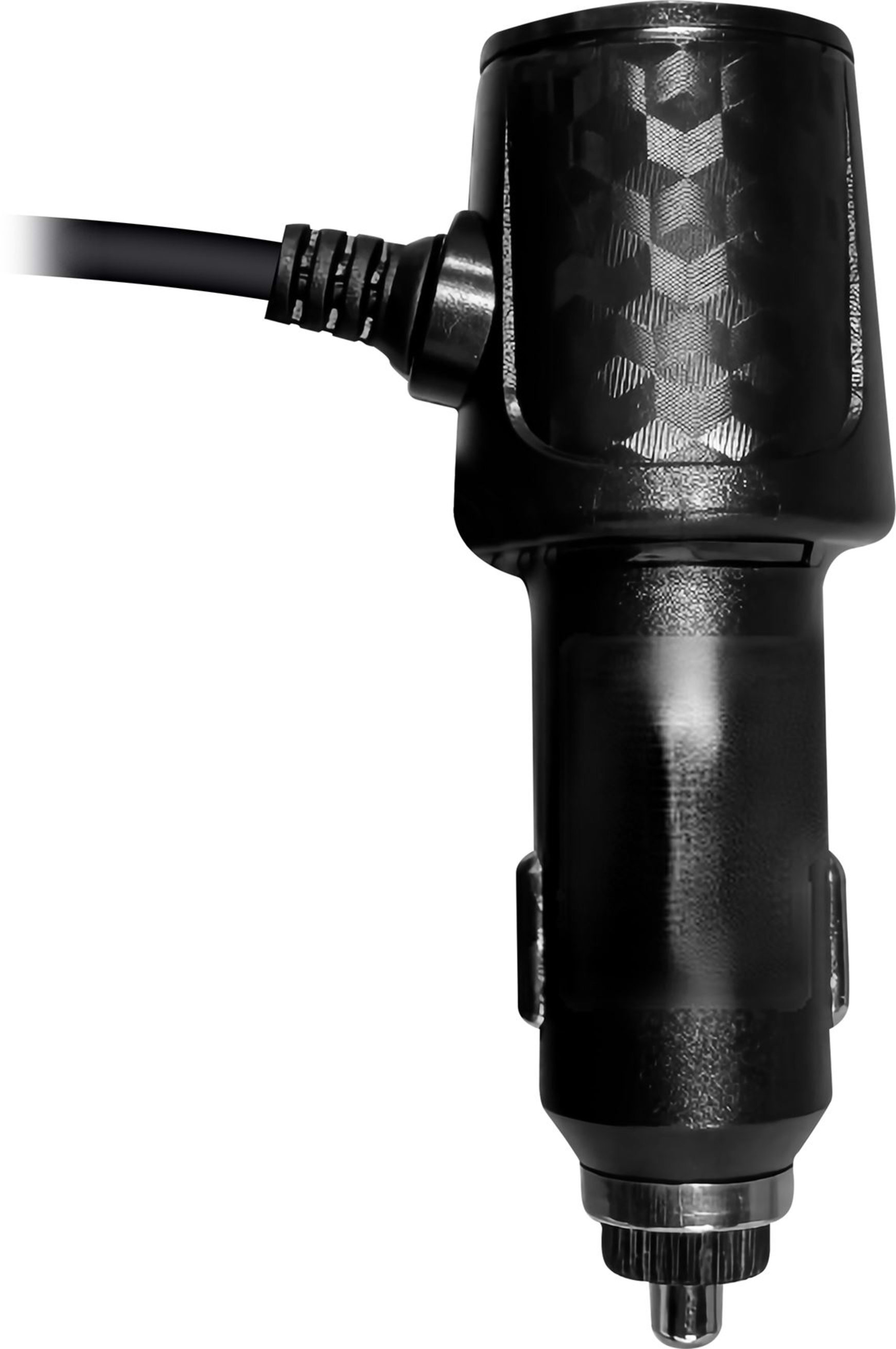 Adaptateur allume-cigare noir pour voiture avec câble et motif géométrique.