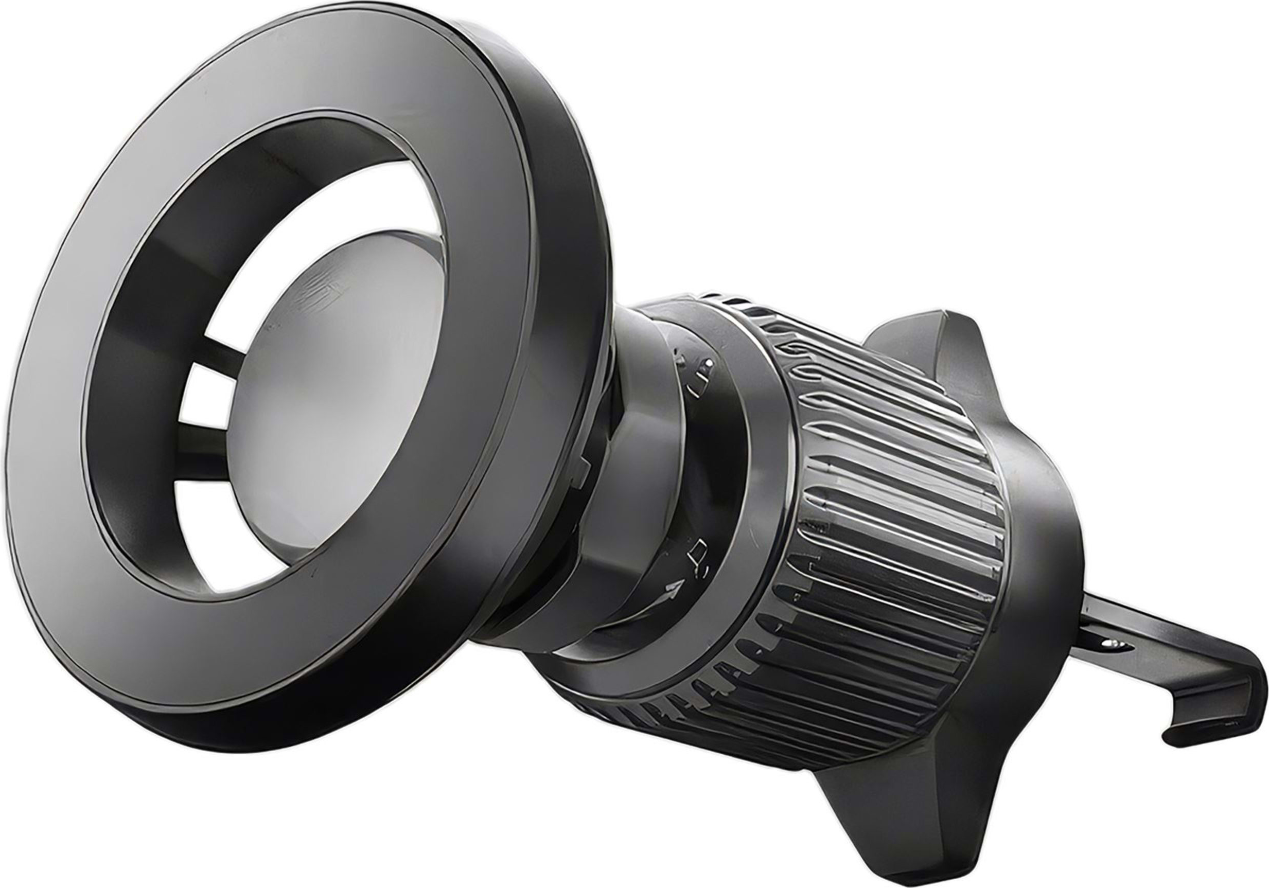 Un support de voiture magnétique noir avec anneau et clip de ventilation.