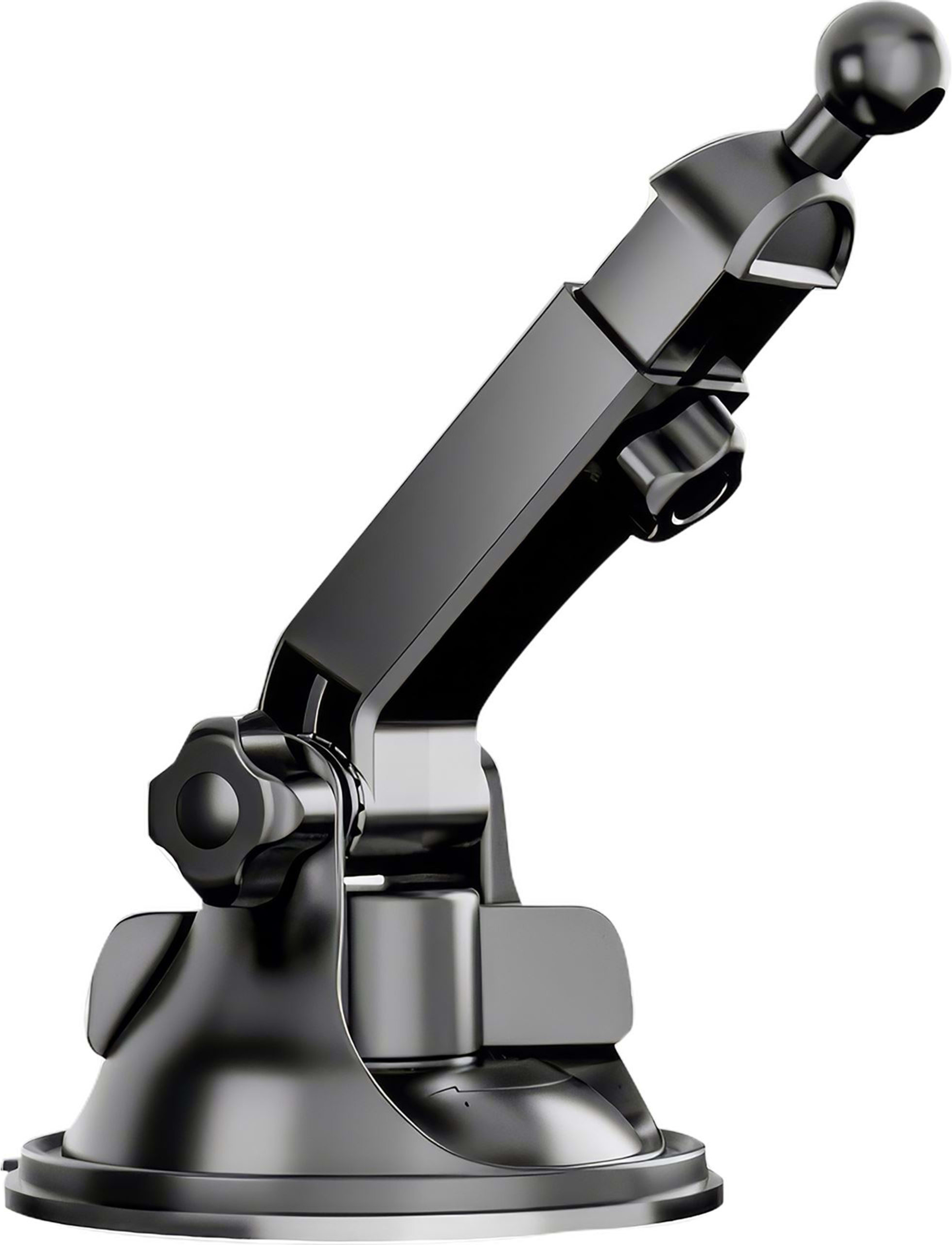 Un support à ventouse noir avec bras articulé et rotule.
