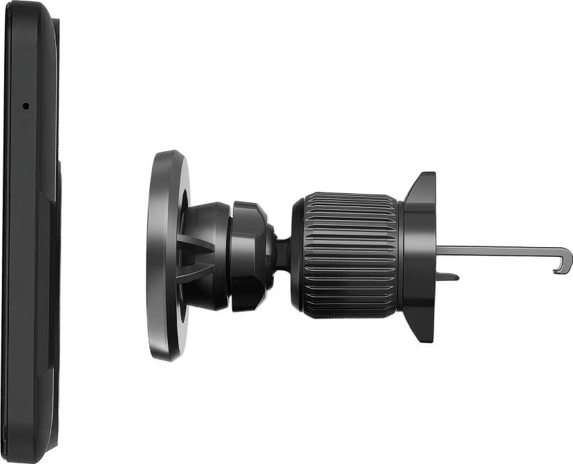 Support de téléphone noir avec clip d'aération et plaque magnétique.