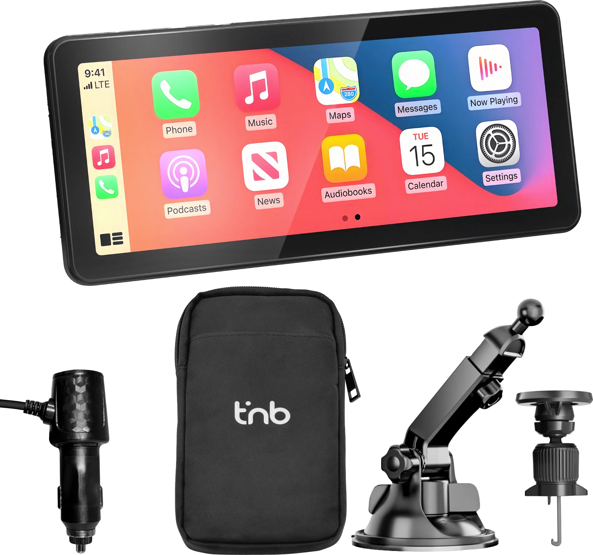 Une tablette affichant des applications, avec chargeur, pochette et support.