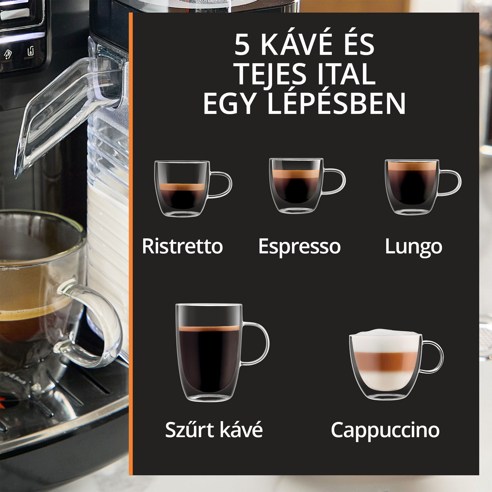 Öt kávéfajta: Ristretto, Espresso, Lungo, Szűrt kávé, Cappuccino.
