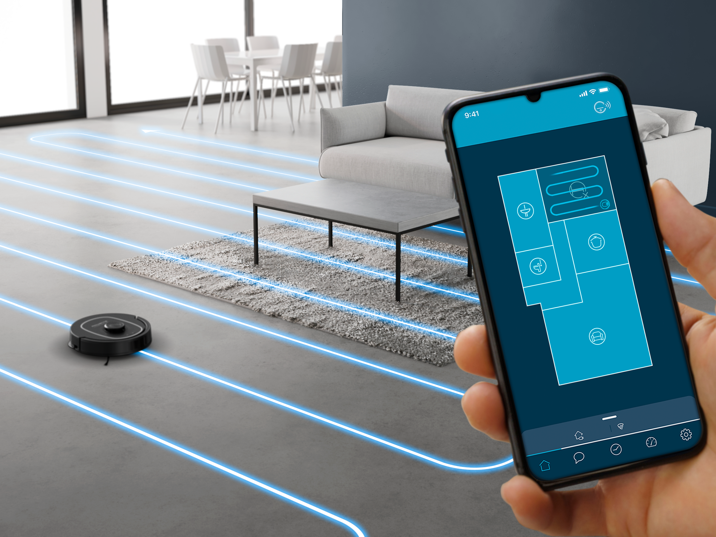 Robotporszívó tisztít egy modern szobát kék navigációs vonalakkal.