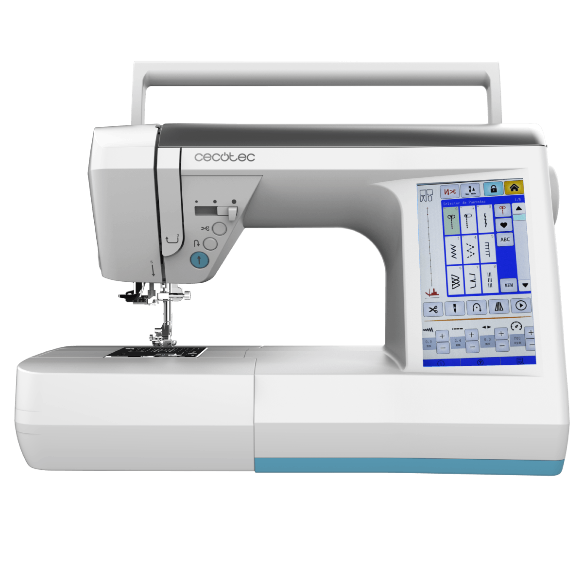 Máquina de coser blanca con pantalla táctil que muestra varias puntadas y ajustes.