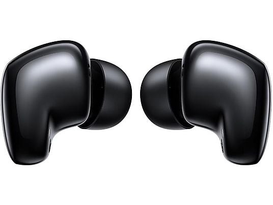 Dwa eleganckie, czarne słuchawki bezprzewodowe obok siebie na białym tle.