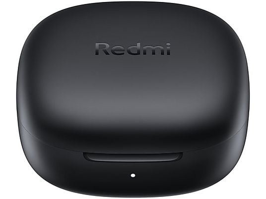 Zamknięte czarne etui ładujące do słuchawek bezprzewodowych z logo Redmi.