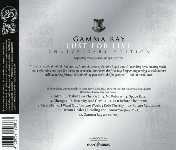 Gamma Ray Lust For Live Anniversary Edition CD hátlap számlistával.