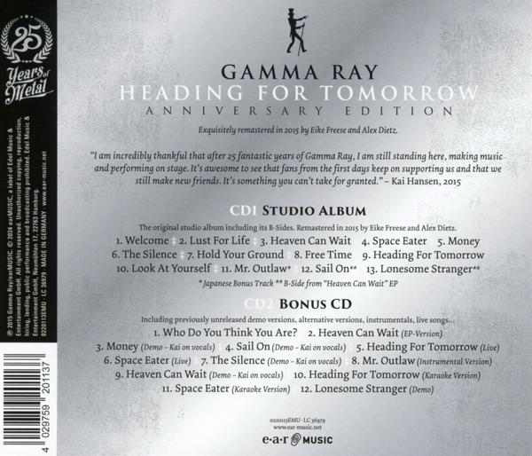 CD hátoldala albumcímmel, dalok listájával és a Gamma Ray logójával.