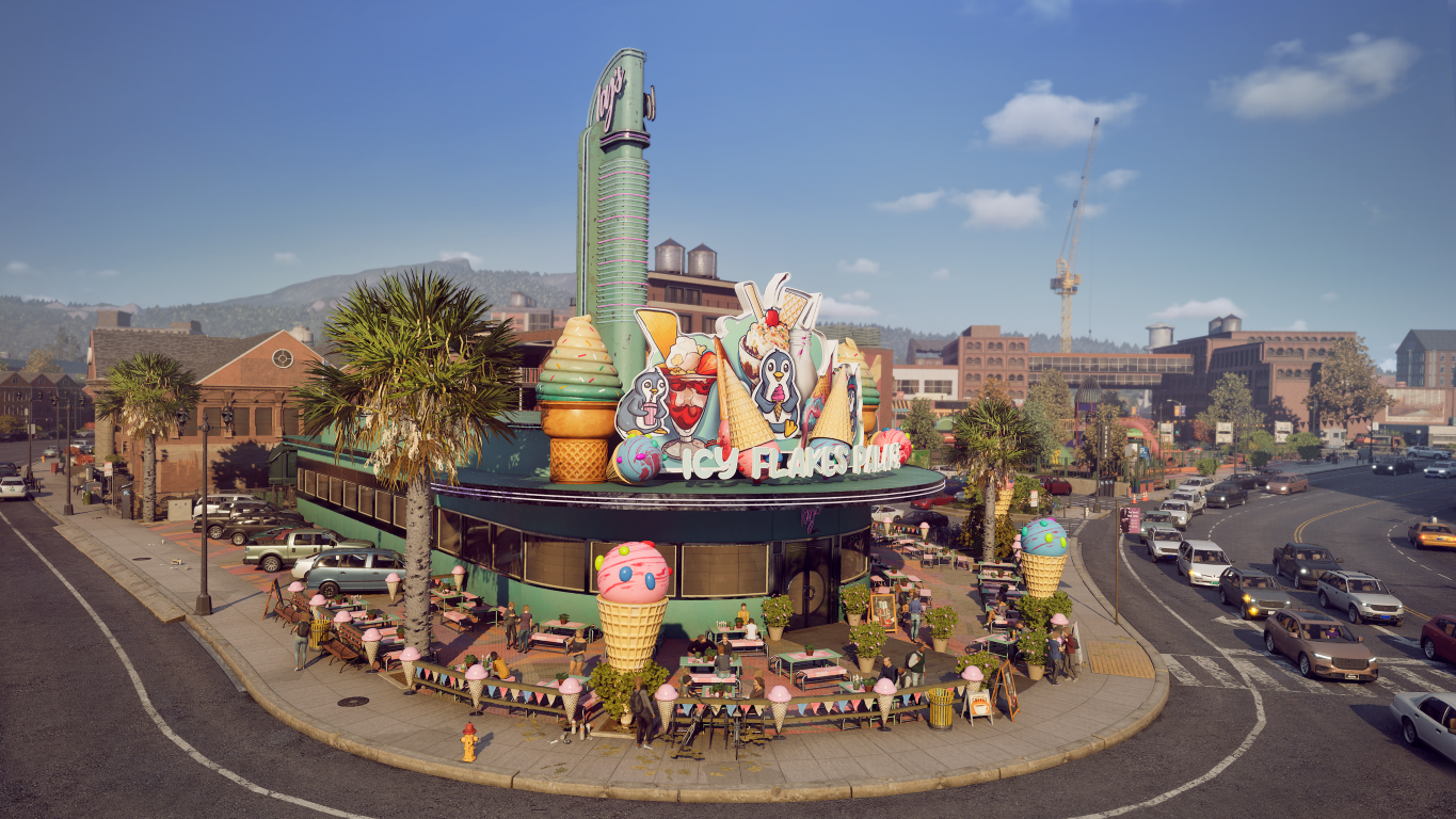 Lodziań z dużymi dekoracjami lodów i ruchem w tle.