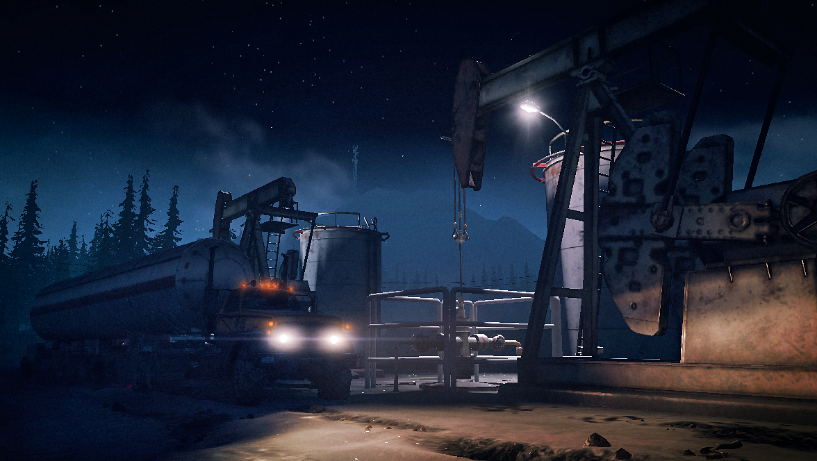 Cysterna stoi nocą obok platformy wiertniczej.